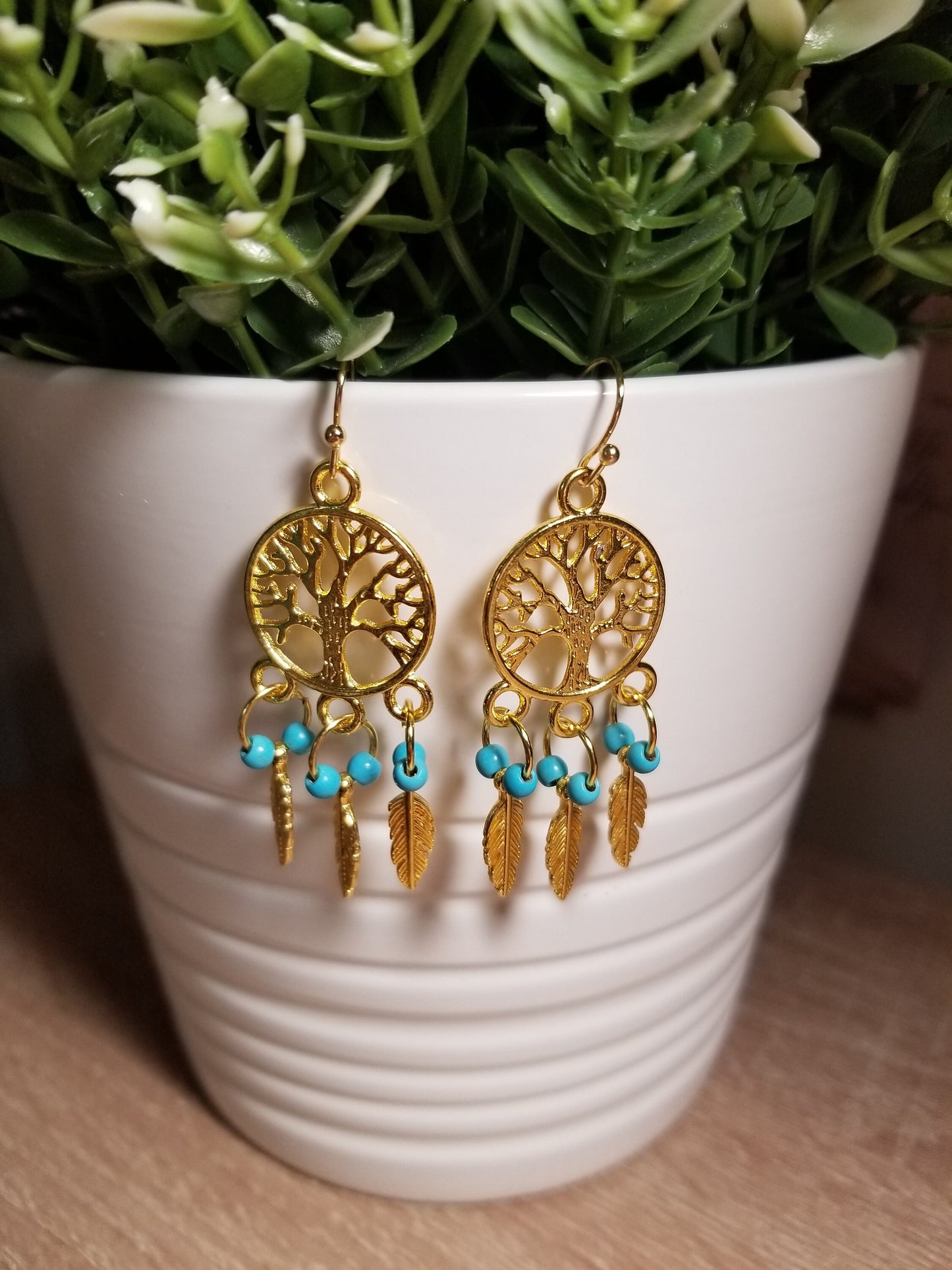 Hypo-Allergenic Stainless Steel Tree of Life Earrings, Stainless Steel Dream Catcher Earrings with Turquoise stone beads