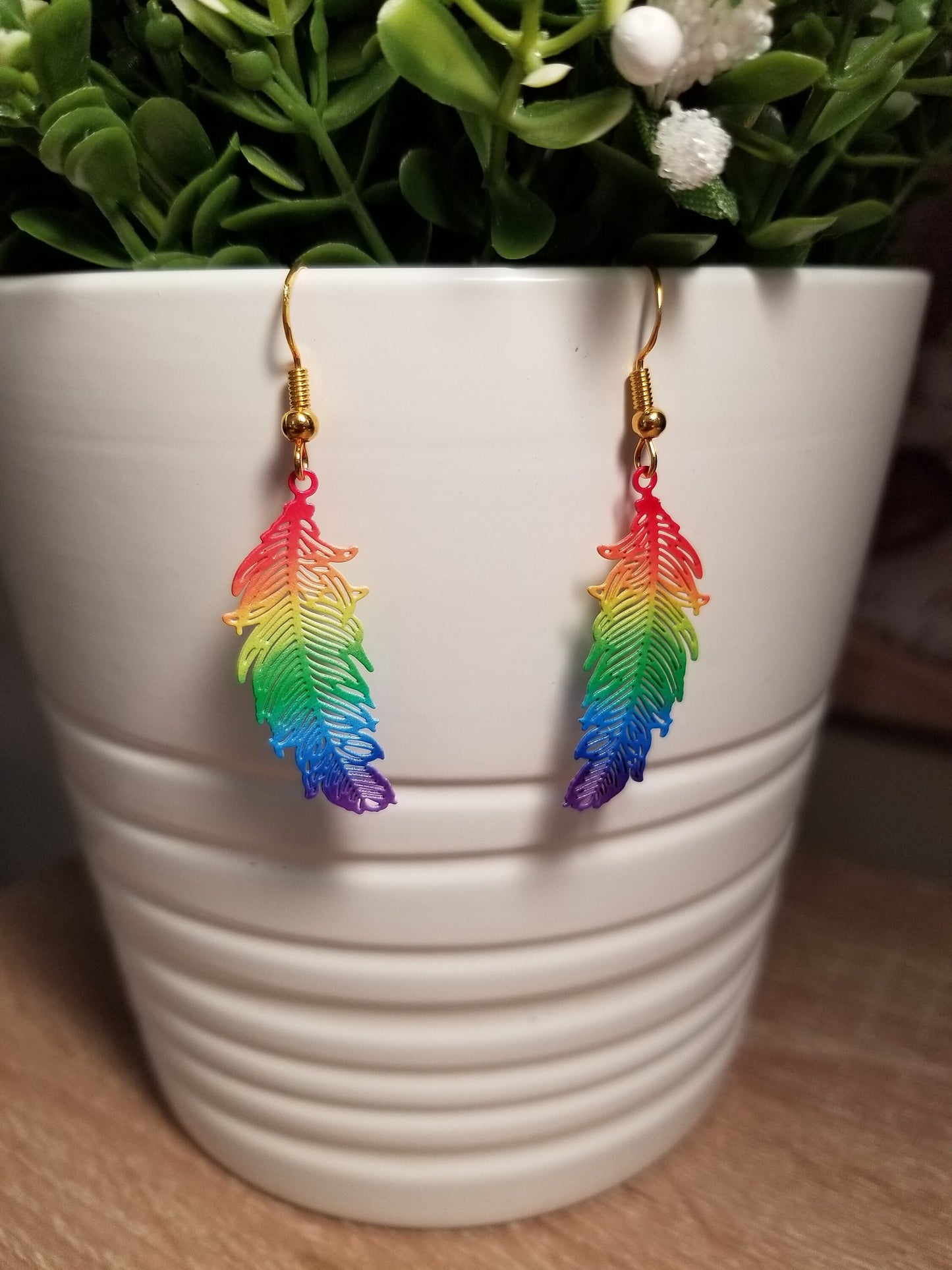 925 Silver (gold colored) Fish Hook Pride Feather Earrings, Hypo-Allergenic Pride Feather Earrings, 925 Silver Pride Feather Earrings