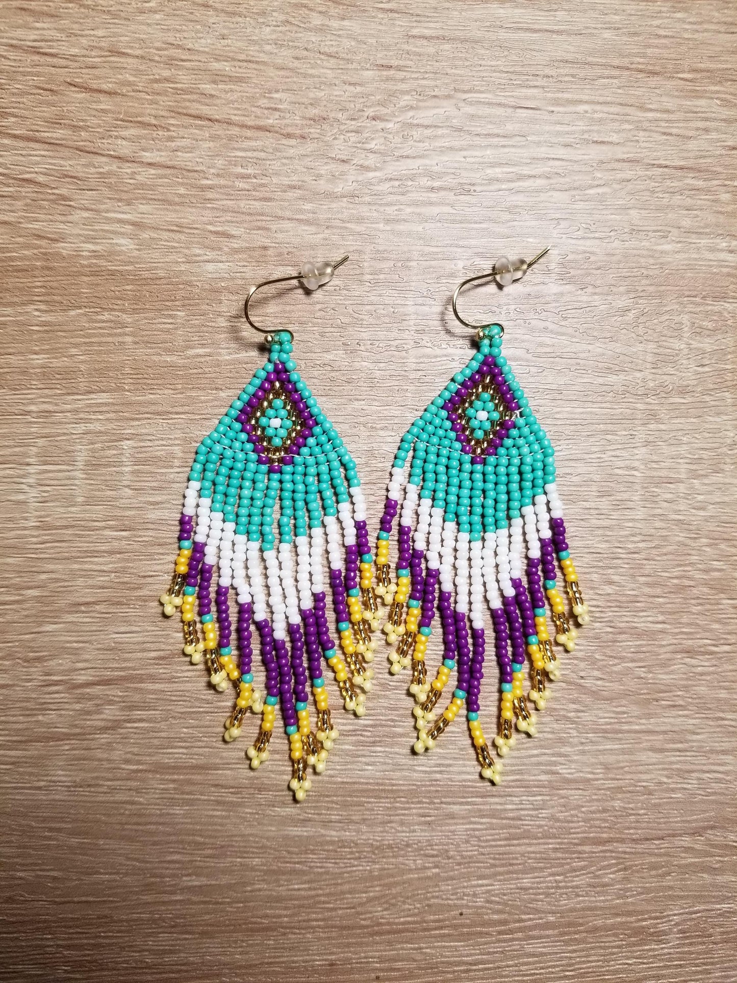 Indigenous-Native Style Beaded Fringe Earrings with Gold Filled Hooks, Boho Style Beaded Fringed Earrings with Gold Filled Hooks