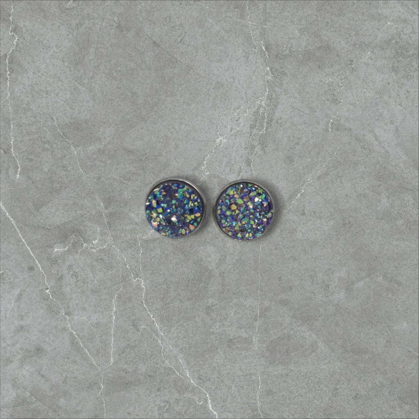 Hypo-Allergenic 12mm Stainless Steel Geode Crystal Resin Stud Earrings, Hypo-Allergenic 10mm Stainless Steel Bezel Geode Crystal Resin Studs