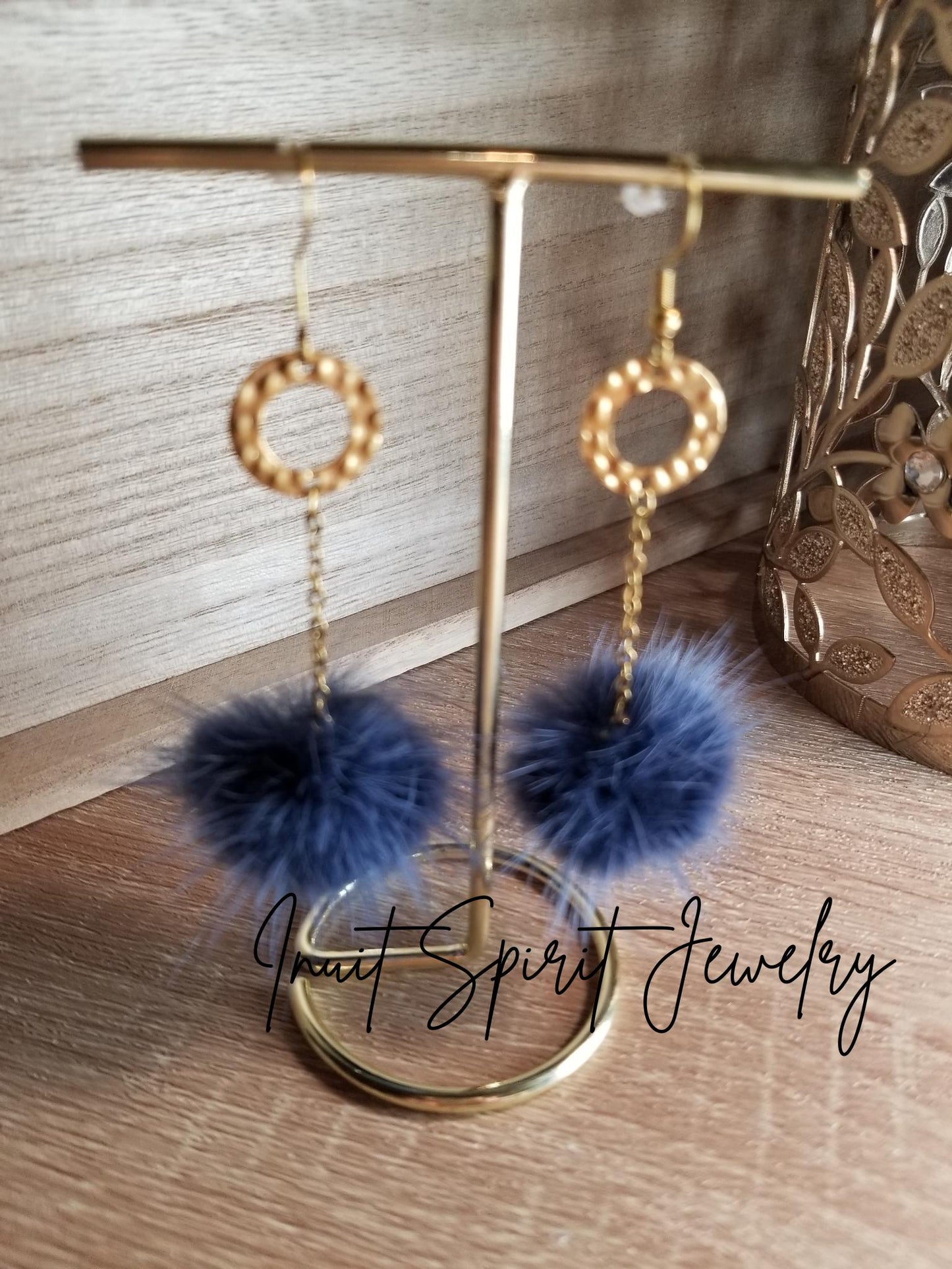 Inuit Spirit Brass/ Stainless Steel Genuine Mink Fur Geometric Minimalist Drop Earrings ©, Indigenous Hypo-Allergenic Native Fur Earrings