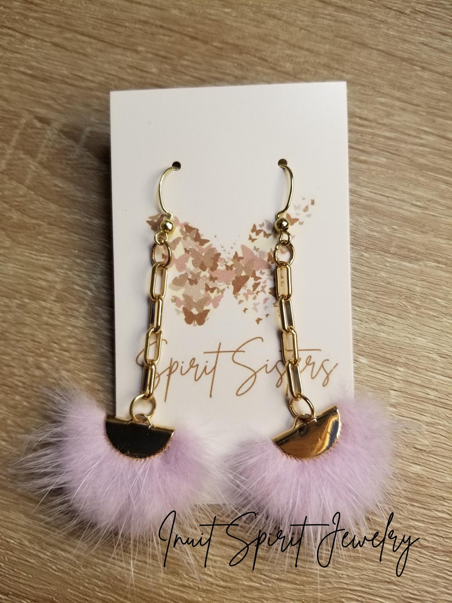 Inuit Spirit Brass/ Stainless Steel Mink Fur Fan-Shaped Geometric Ulu Concept Earrings on Hooks and Paper Clip Chains ©, Native Fur Earrings