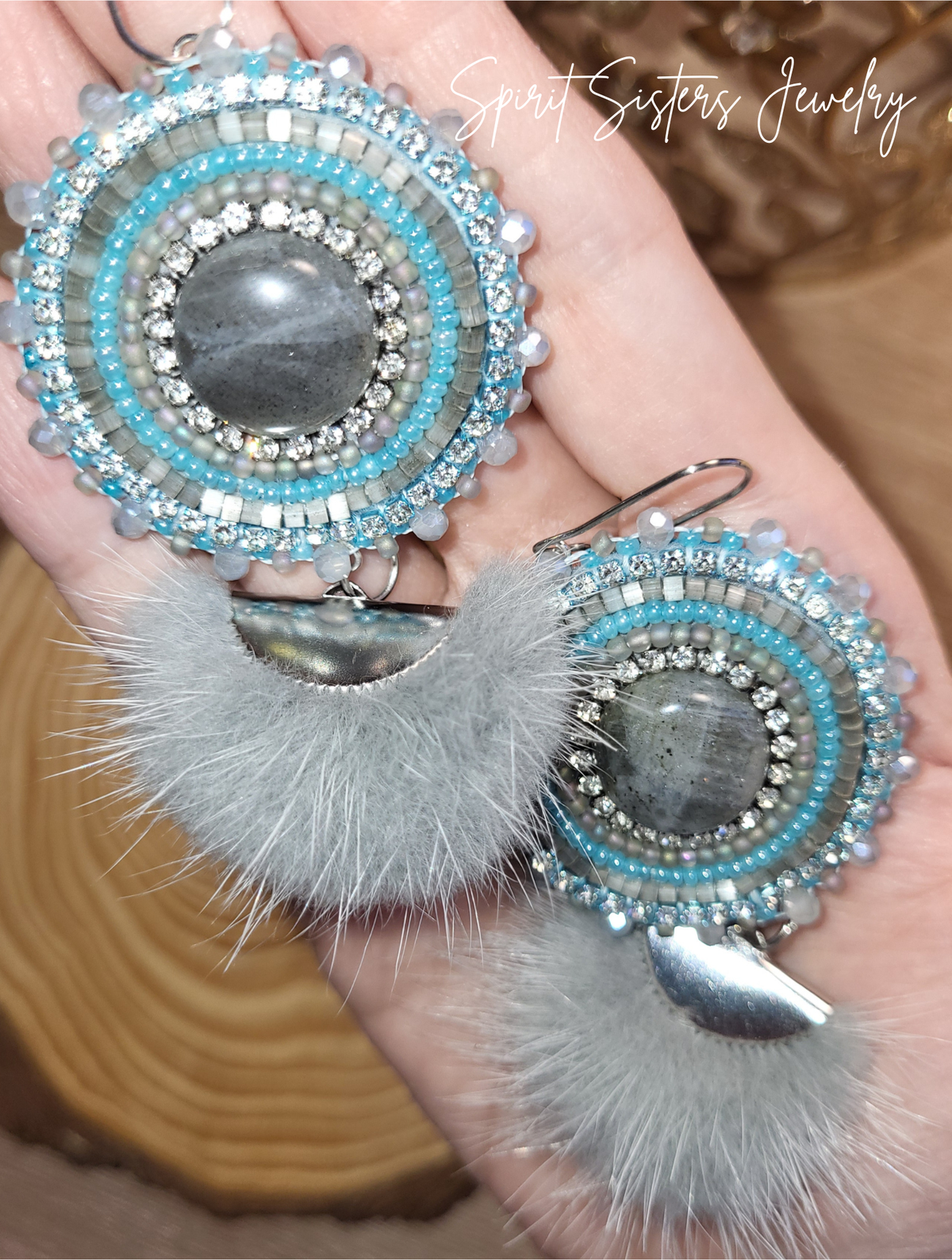 Native Beaded Labradorite Cabochon & Mink Tassel Earrings
