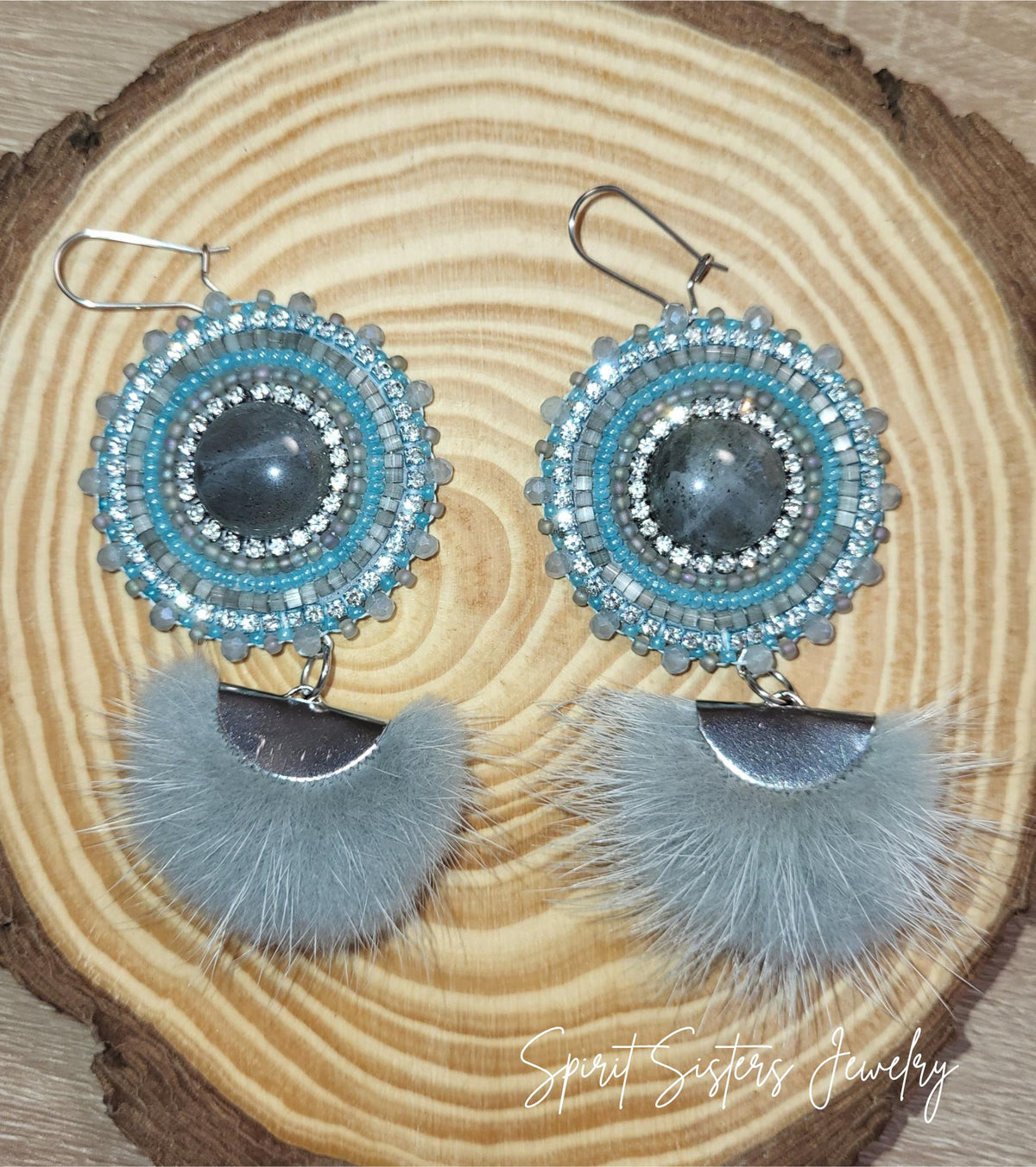 Native Beaded Labradorite Cabochon & Mink Tassel Earrings