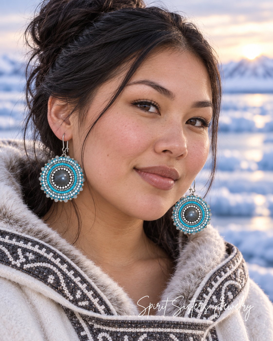 Native Beaded Labradorite Cabochon & Mink Tassel Earrings
