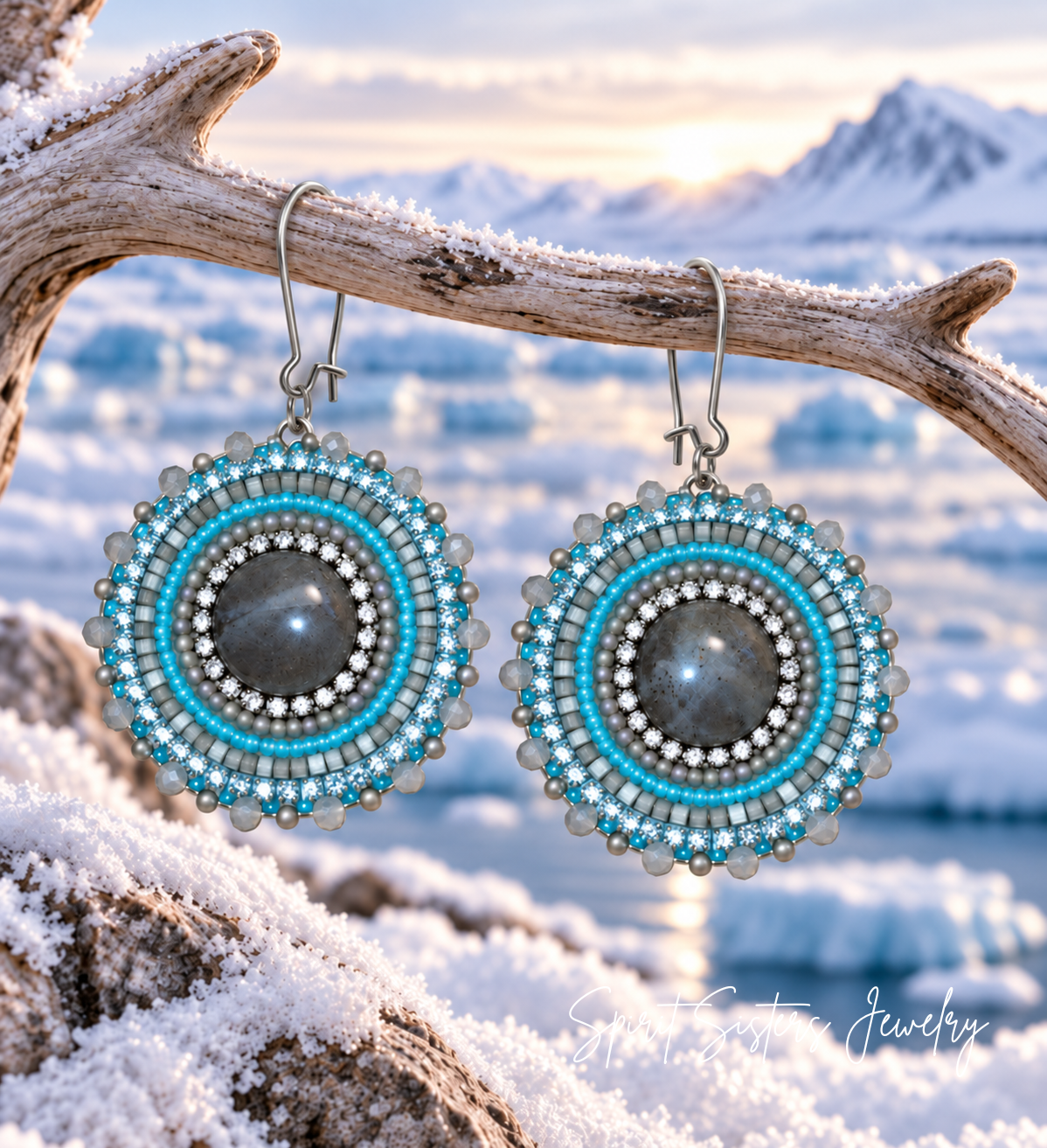 Native Beaded Labradorite Cabochon & Mink Tassel Earrings