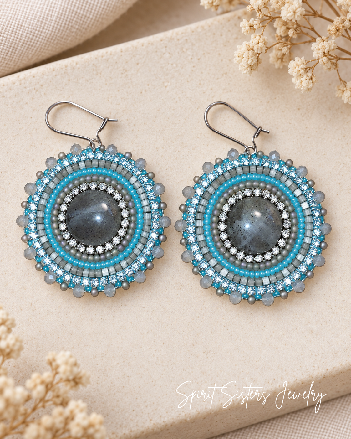 Native Beaded Labradorite Cabochon & Mink Tassel Earrings