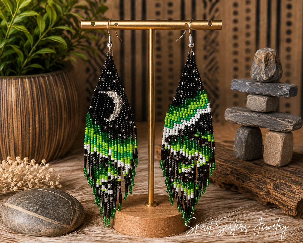 Indigenous-Native Style Beaded Fringe Earrings with Gold Filled Hooks, Boho Style Beaded Fringed Earrings with Gold Filled Hooks