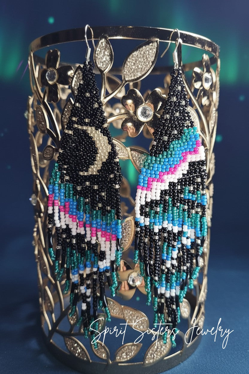 Indigenous-Native Style Beaded Fringe Earrings with Gold Filled Hooks, Boho Style Beaded Fringed Earrings with Gold Filled Hooks