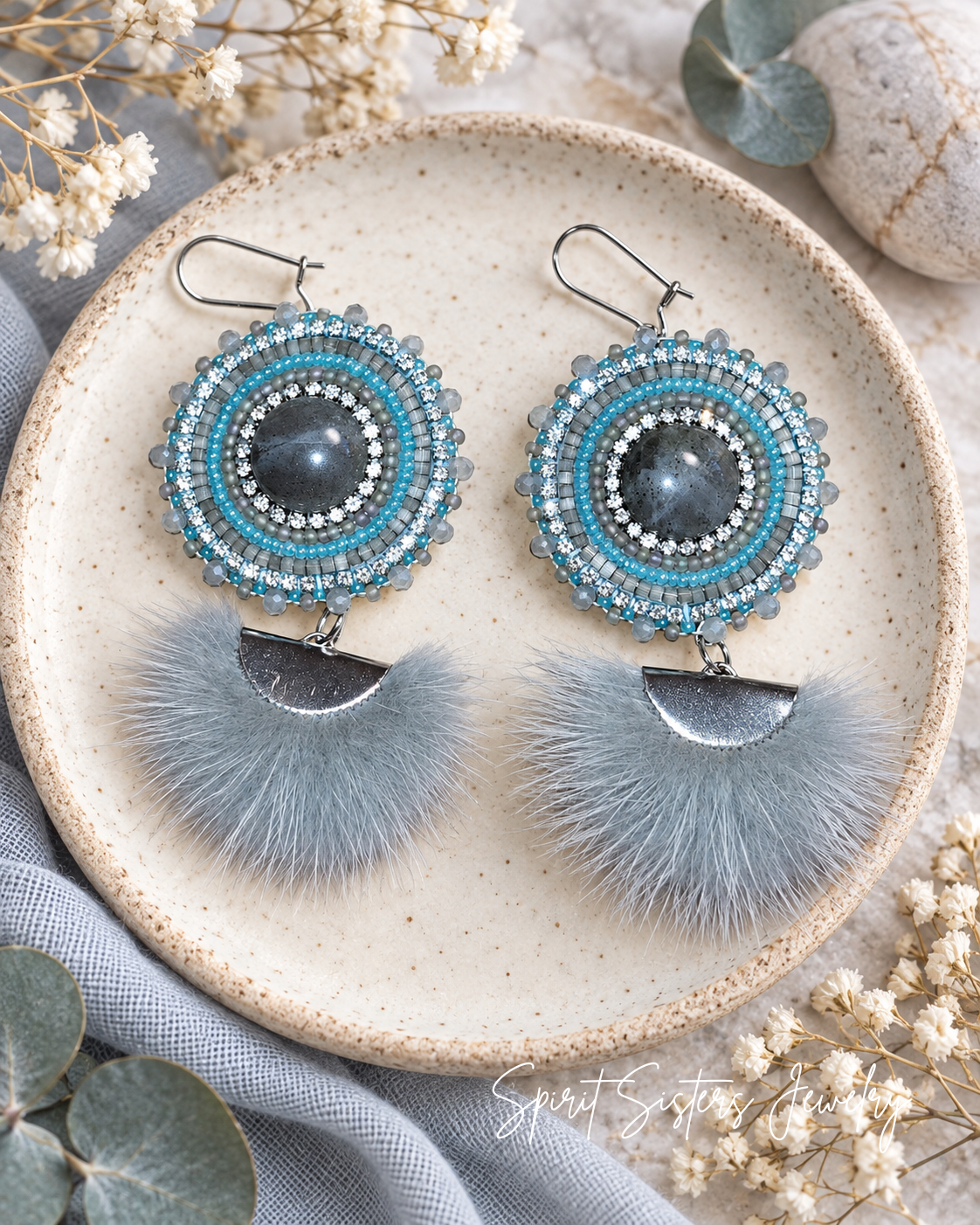 Native Beaded Labradorite Cabochon & Mink Tassel Earrings