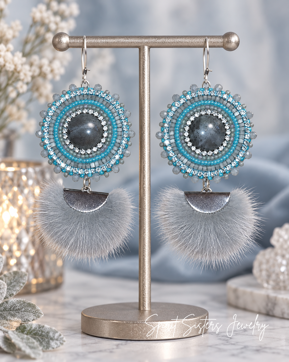 Native Beaded Labradorite Cabochon & Mink Tassel Earrings