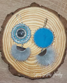 Native Beaded Labradorite Cabochon & Mink Tassel Earrings