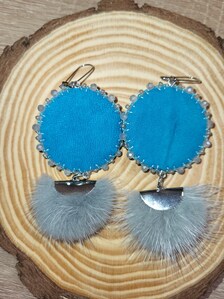 Native Beaded Labradorite Cabochon & Mink Tassel Earrings