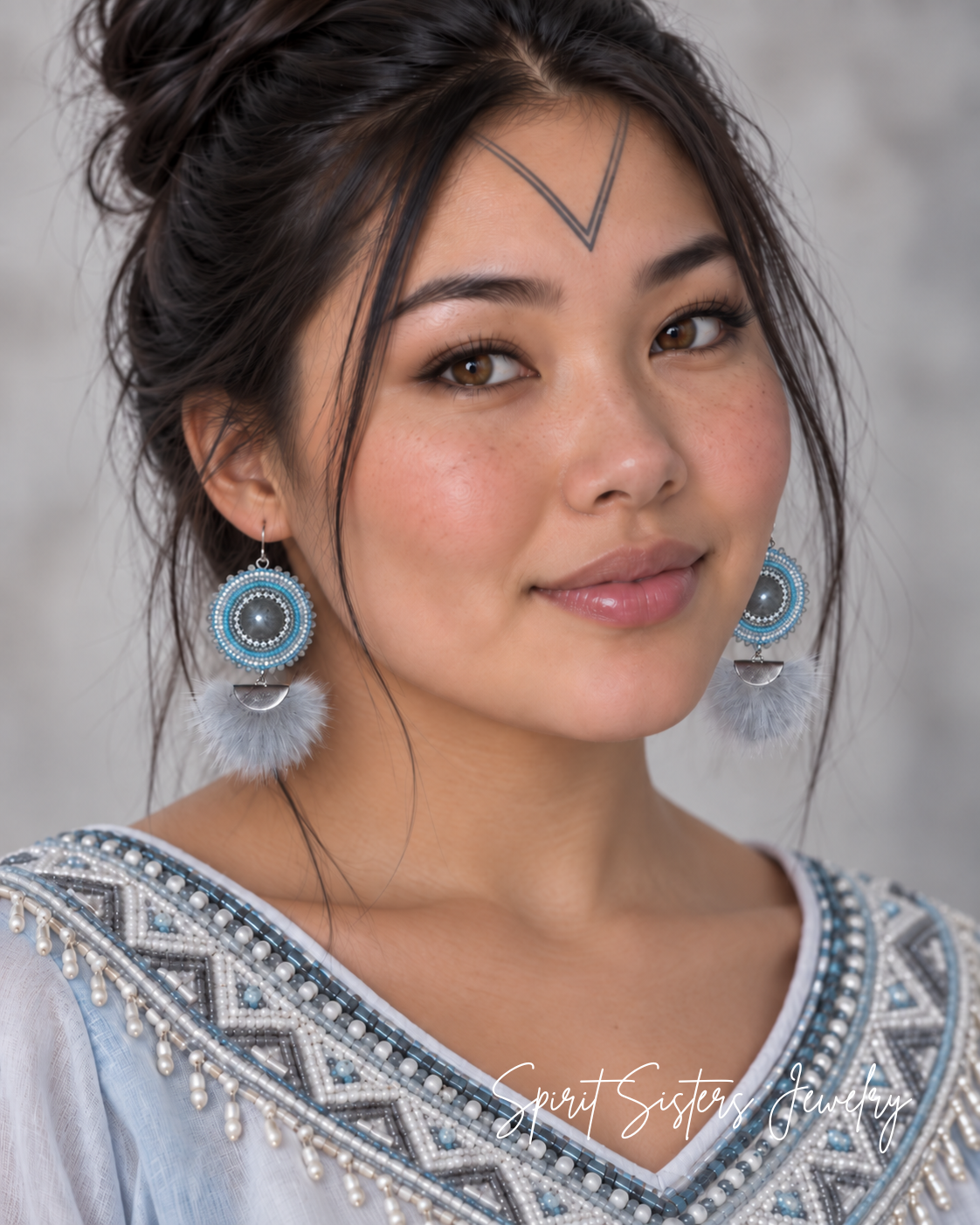 Native Beaded Labradorite Cabochon & Mink Tassel Earrings