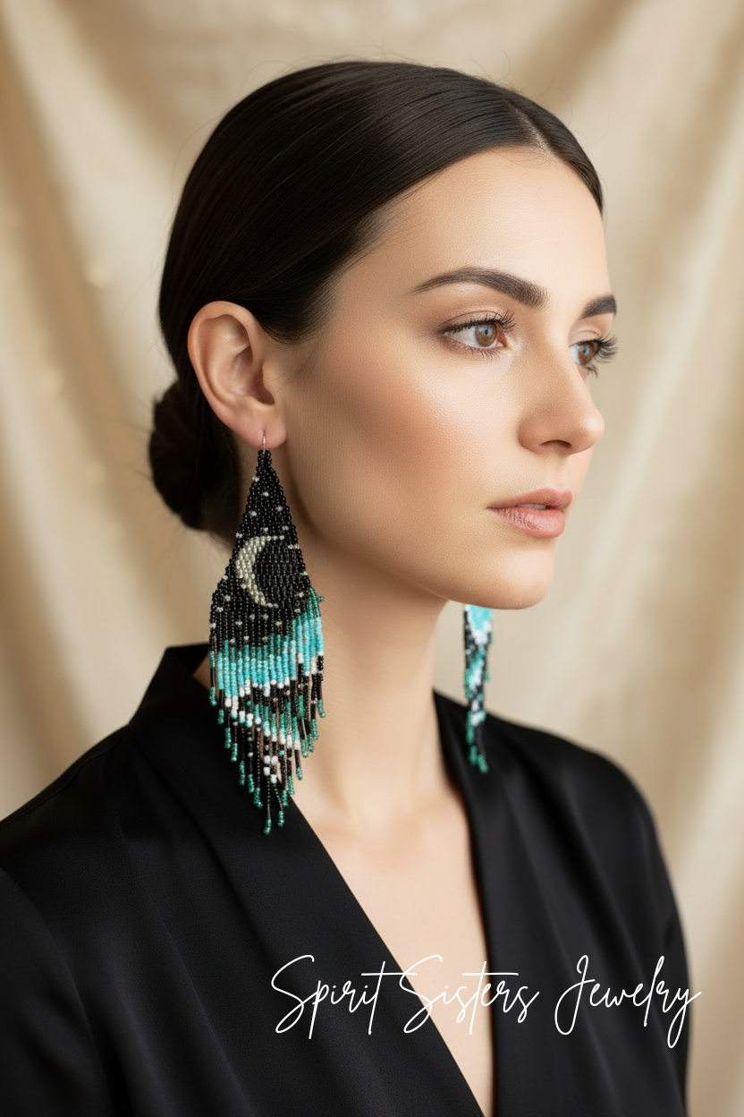 Indigenous-Native Style Beaded Fringe Earrings with Gold Filled Hooks, Boho Style Beaded Fringed Earrings with Gold Filled Hooks