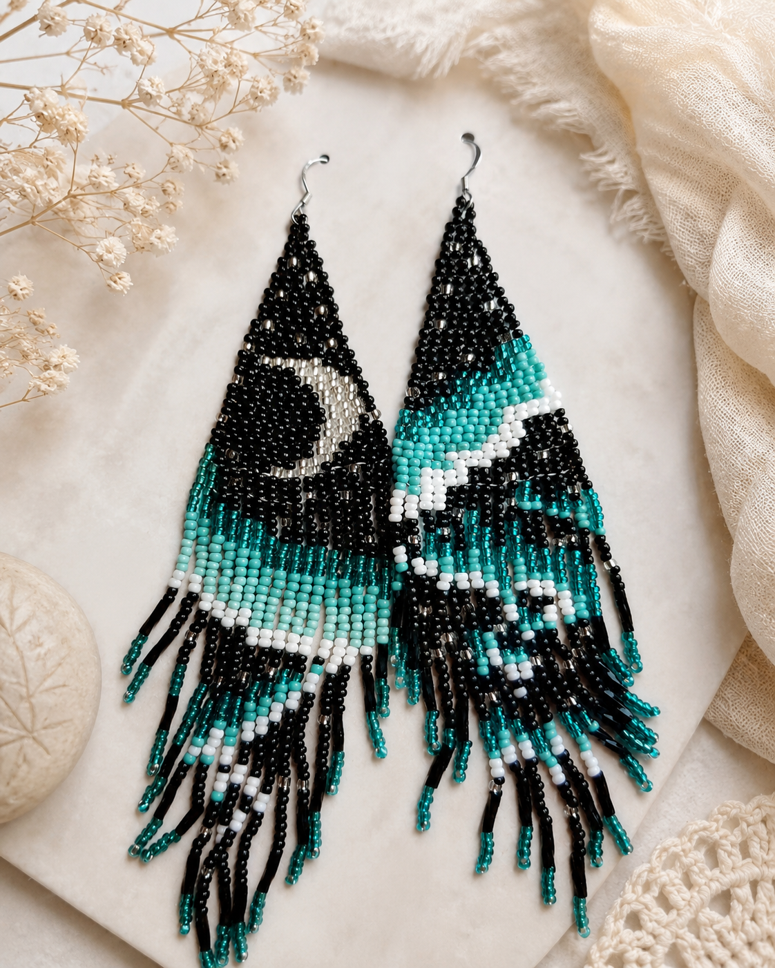 Indigenous-Native Style Beaded Fringe Earrings with Gold Filled Hooks, Boho Style Beaded Fringed Earrings with Gold Filled Hooks