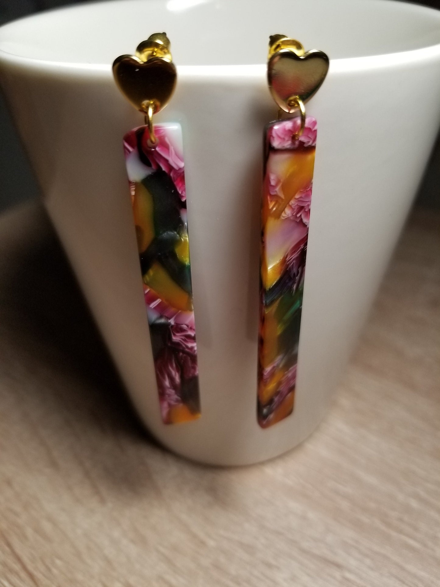 Hypo-Allergenic Stainless Steel Tortoise Shell Acetate Drop Earrings, Stainless Steel Studded Acetate Acrylic Geometric Earrings