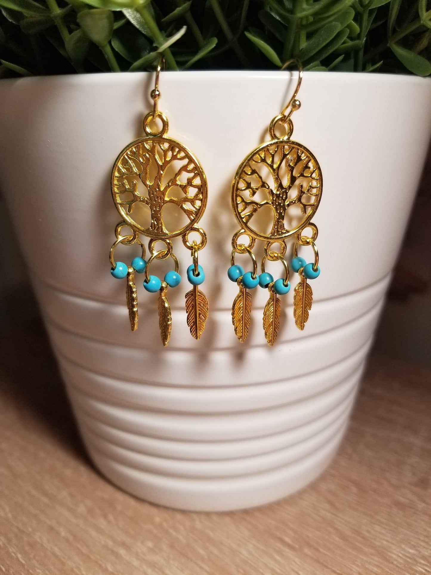Hypo-Allergenic Stainless Steel Tree of Life Earrings, Stainless Steel Dream Catcher Earrings with Turquoise stone beads