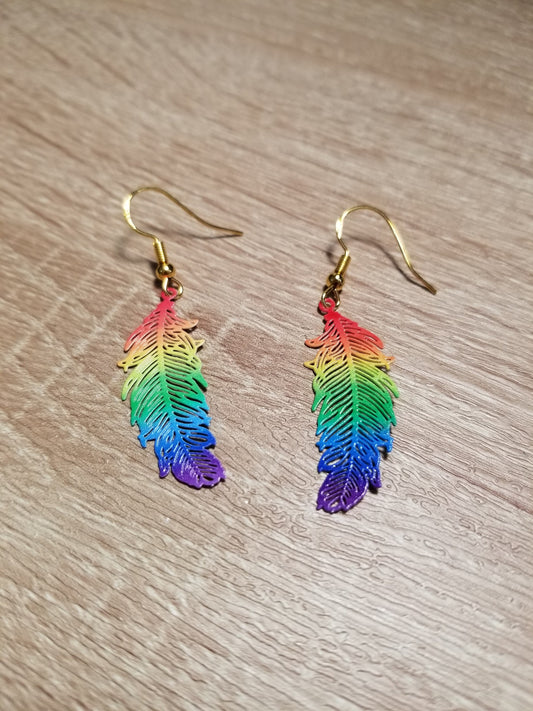 925 Silver (gold colored) Fish Hook Pride Feather Earrings, Hypo-Allergenic Pride Feather Earrings, 925 Silver Pride Feather Earrings
