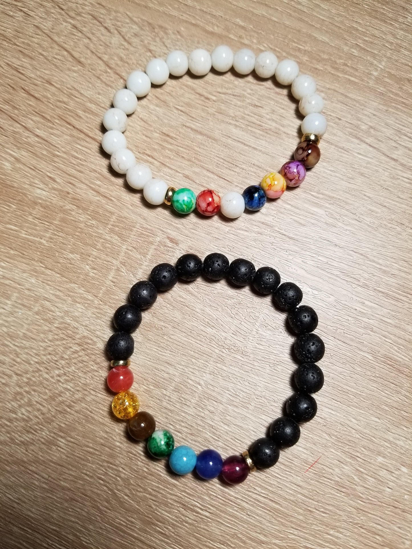 Chakra Bracelets made with Lava Stone and White Agate, Chakra Stone Bracelets, Semi-Precious Stone Chakra Bracelets