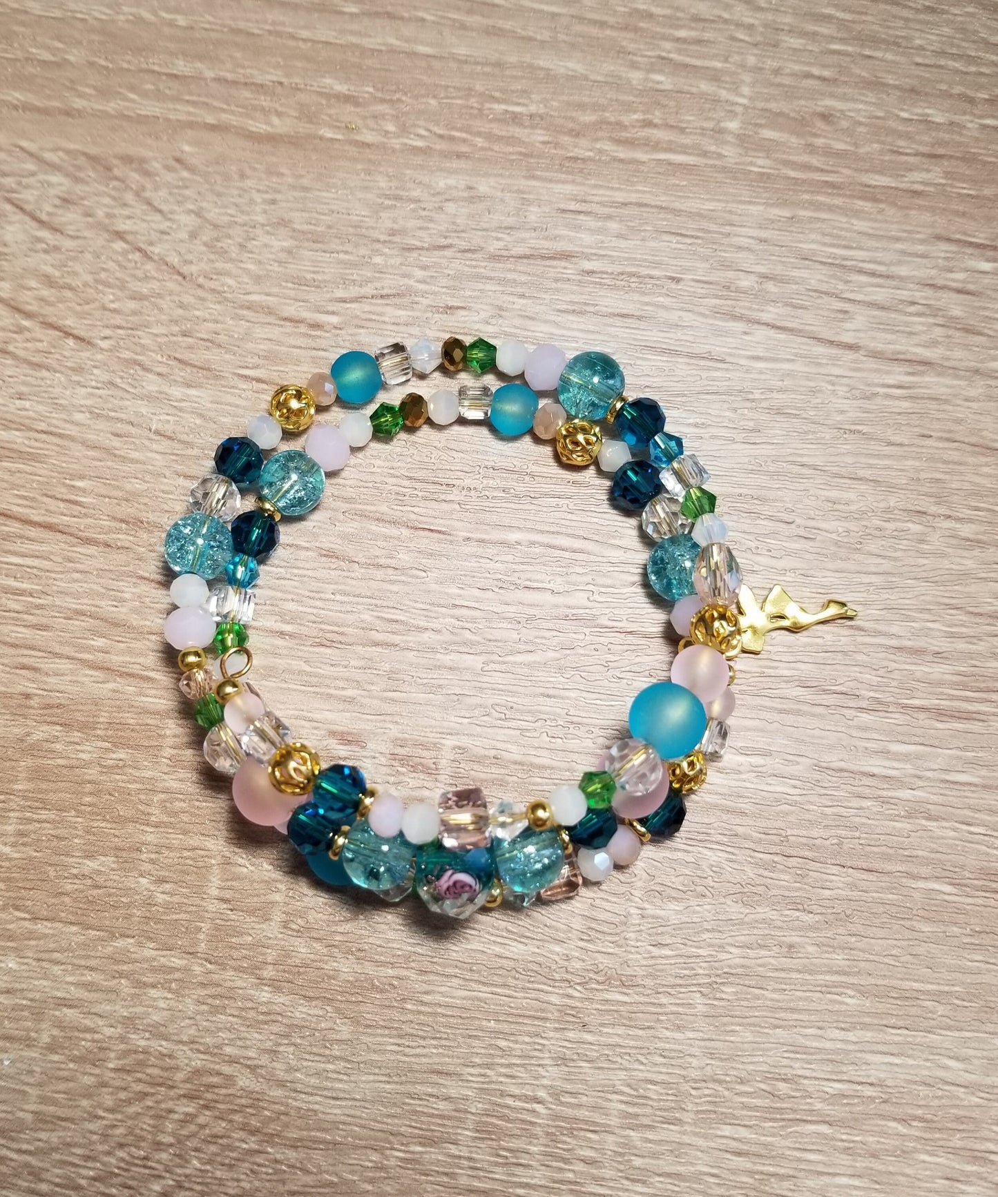 Memory Wire Glass and 18 Karat Gold Plated Bracelet, Handmade Tinker Bell Bracelet, Glass Gold Tinker Bell Bracelet, Tinker Bell Bracelet