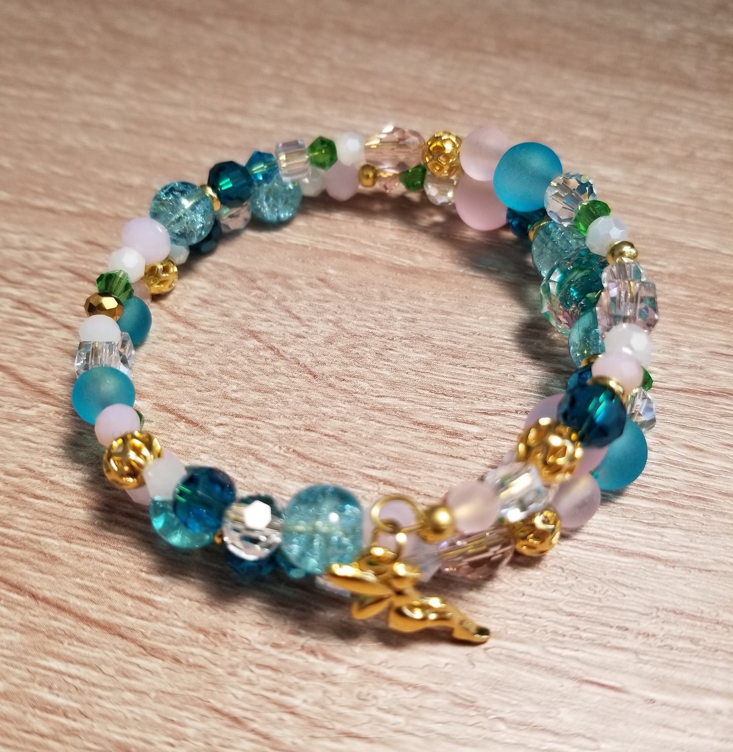 Memory Wire Glass and 18 Karat Gold Plated Bracelet, Handmade Tinker Bell Bracelet, Glass Gold Tinker Bell Bracelet, Tinker Bell Bracelet