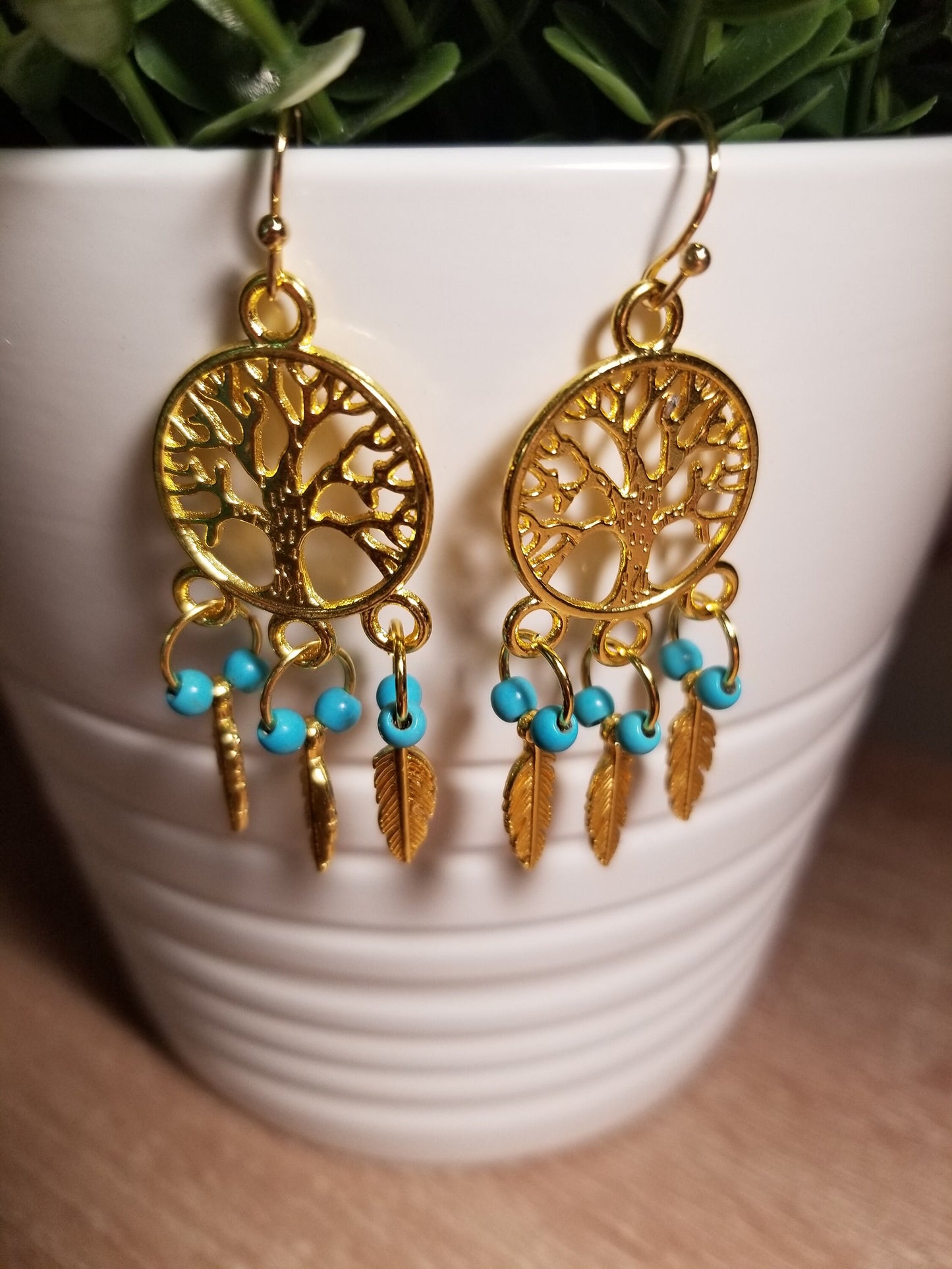 Hypo-Allergenic Stainless Steel Tree of Life Earrings, Stainless Steel Dream Catcher Earrings with Turquoise stone beads