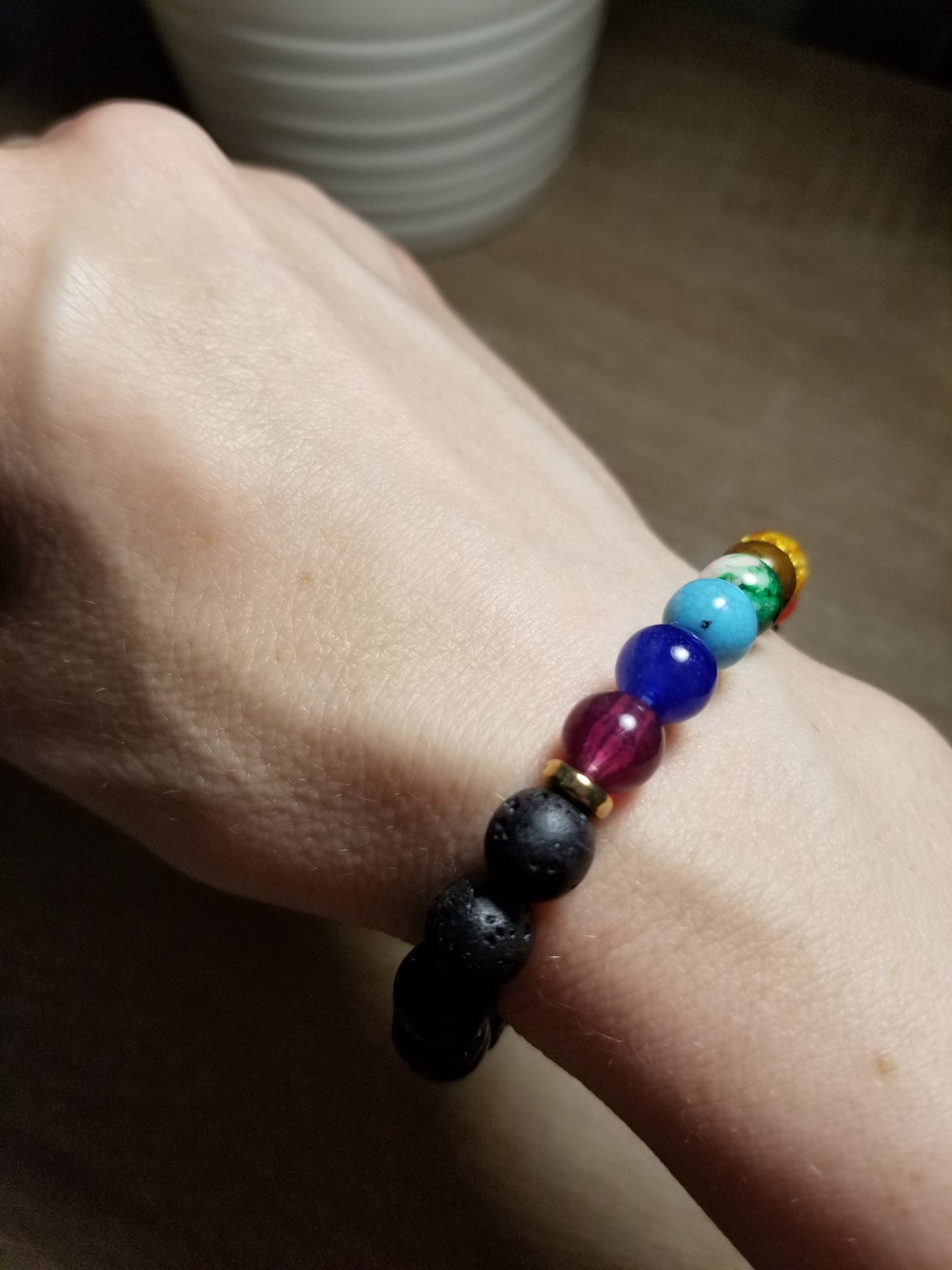 Chakra Bracelets made with Lava Stone and White Agate, Chakra Stone Bracelets, Semi-Precious Stone Chakra Bracelets