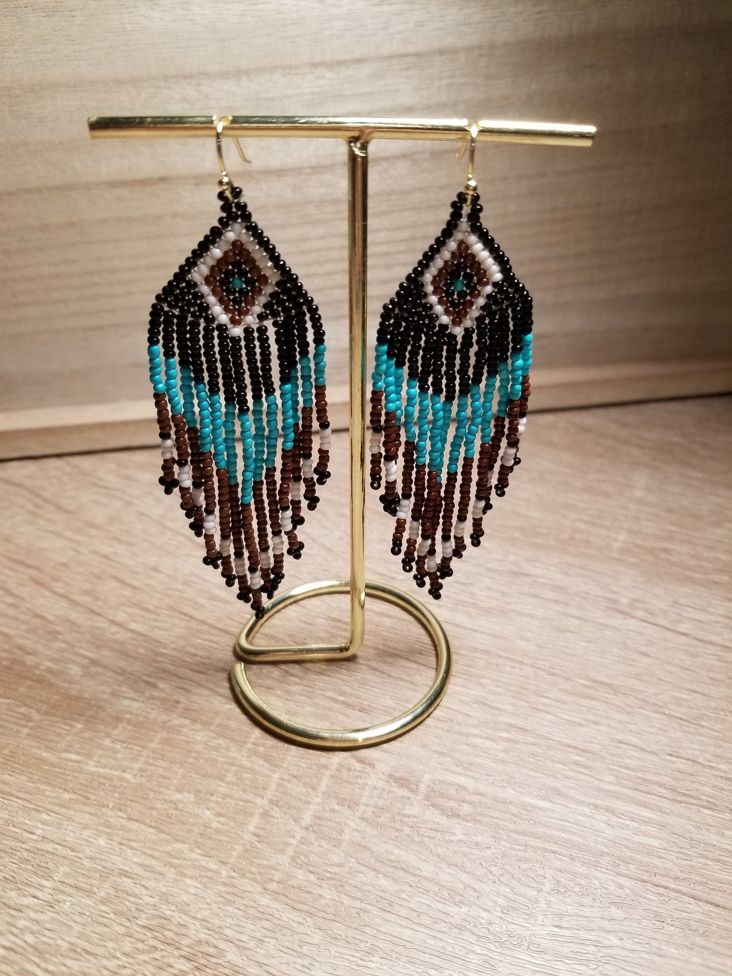 Indigenous-Native Style Beaded Fringe Earrings with Gold Filled Hooks, Boho Style Beaded Fringed Earrings with Gold Filled Hooks