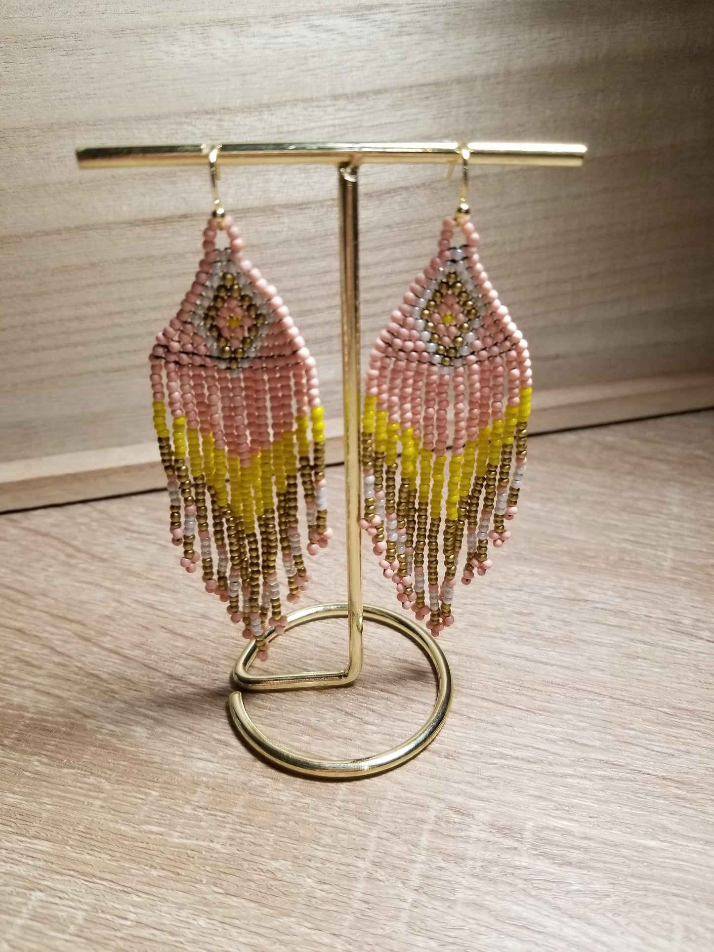 Indigenous-Native Style Beaded Fringe Earrings with Gold Filled Hooks, Boho Style Beaded Fringed Earrings with Gold Filled Hooks
