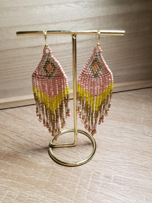 Indigenous-Native Style Beaded Fringe Earrings with Gold Filled Hooks, Boho Style Beaded Fringed Earrings with Gold Filled Hooks