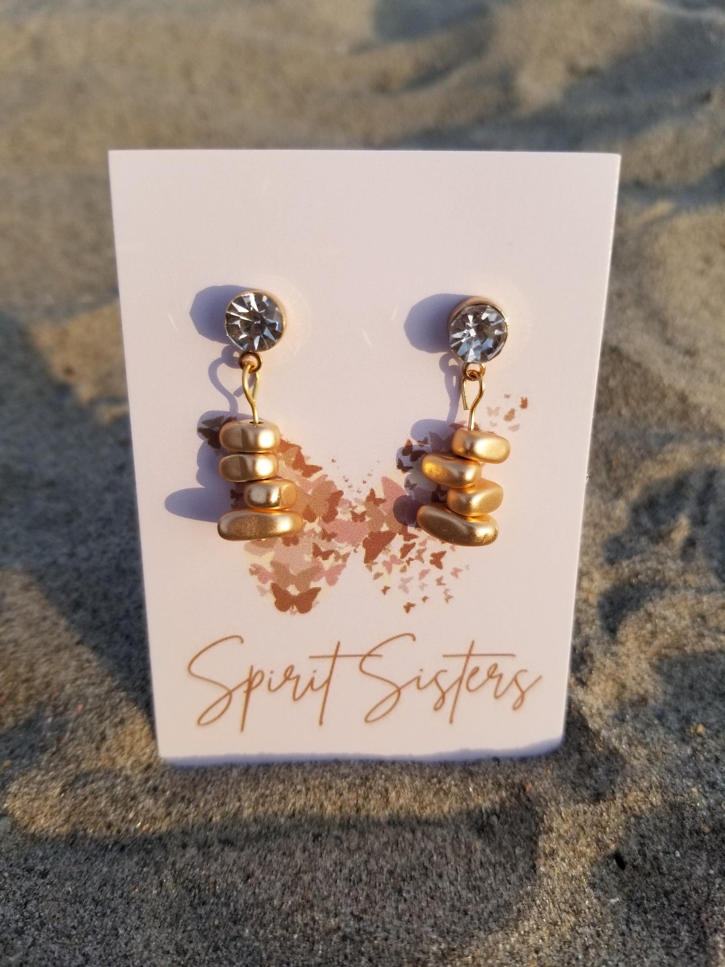 Gold Stainless Steel Irregular Hematite Beaded Stud Earrings, Hypo-allergenic Gold Hematite Beaded Earrings Hung On Rhinestone Studs