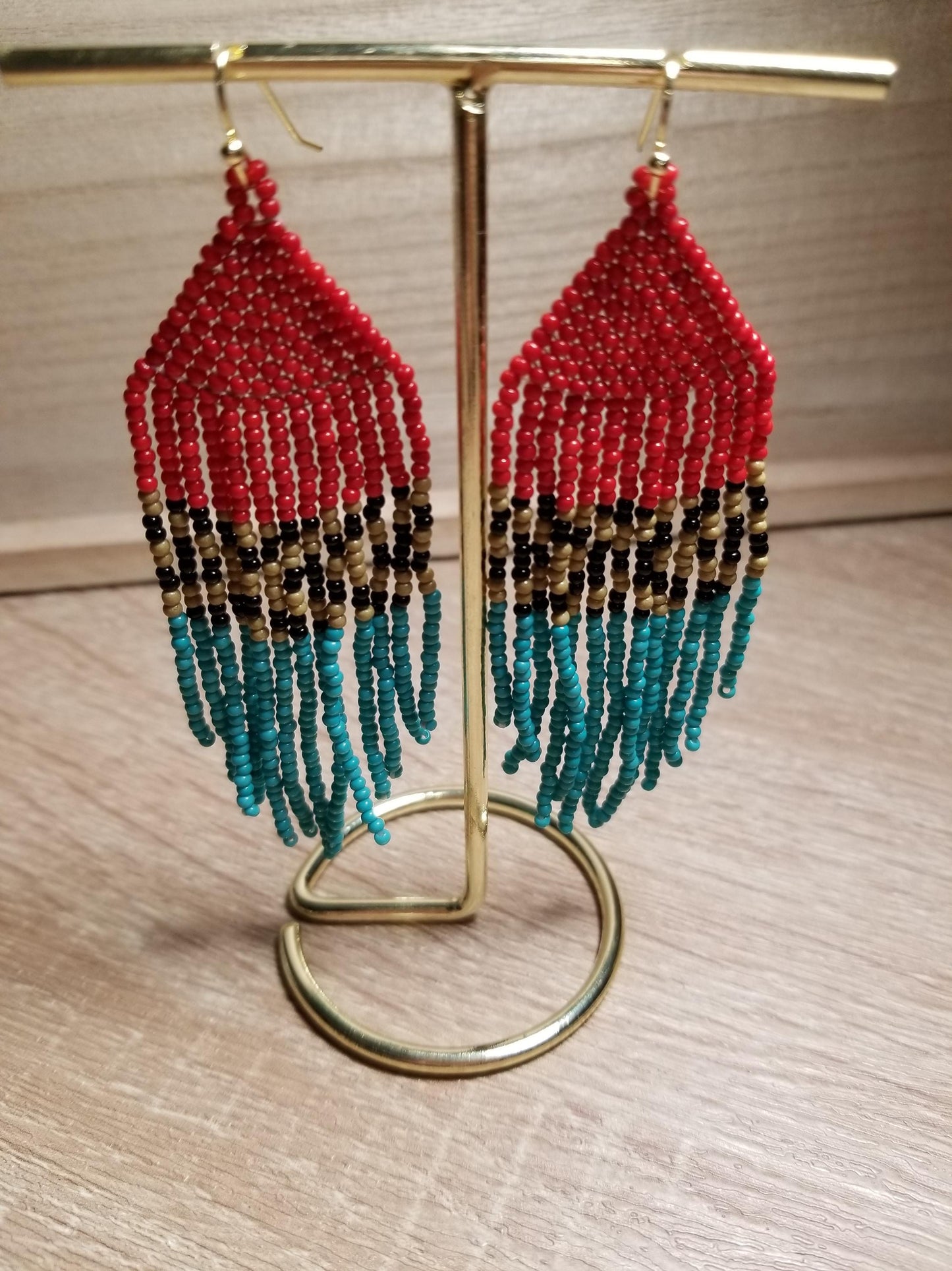 Indigenous-Native Style Beaded Fringe Earrings with Gold Filled Hooks, Boho Style Beaded Fringed Earrings with Gold Filled Hooks