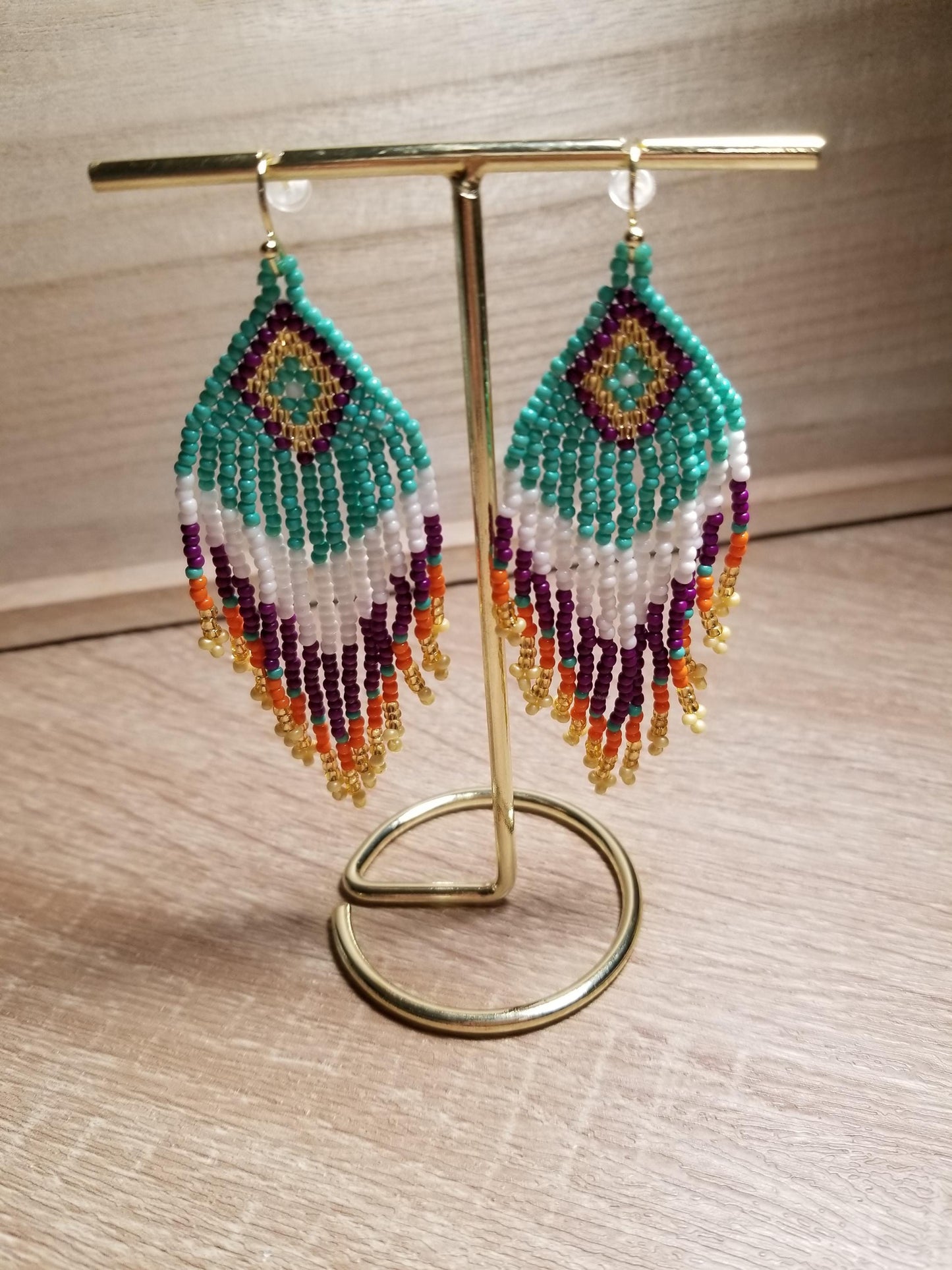 Indigenous-Native Style Beaded Fringe Earrings with Gold Filled Hooks, Boho Style Beaded Fringed Earrings with Gold Filled Hooks