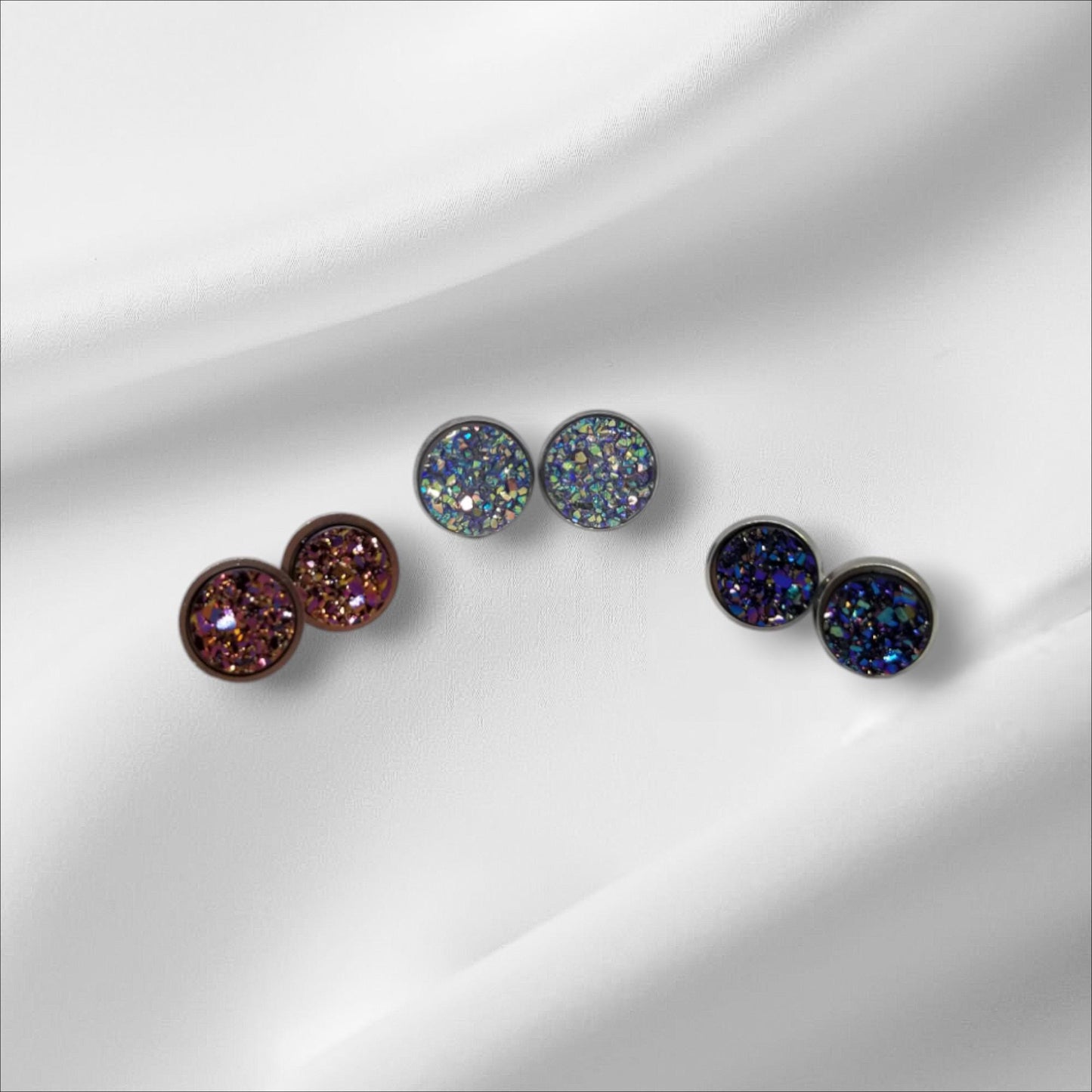 Hypo-Allergenic 12mm Stainless Steel Geode Crystal Resin Stud Earrings, Hypo-Allergenic 10mm Stainless Steel Bezel Geode Crystal Resin Studs