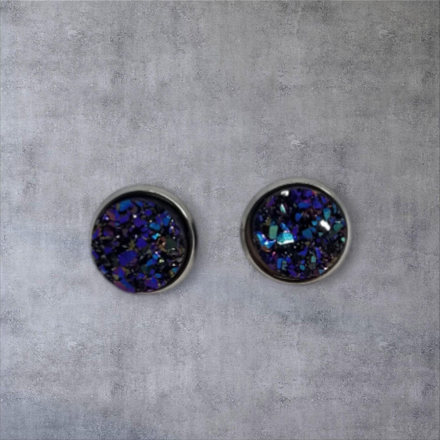 Hypo-Allergenic 12mm Stainless Steel Geode Crystal Resin Stud Earrings, Hypo-Allergenic 10mm Stainless Steel Bezel Geode Crystal Resin Studs