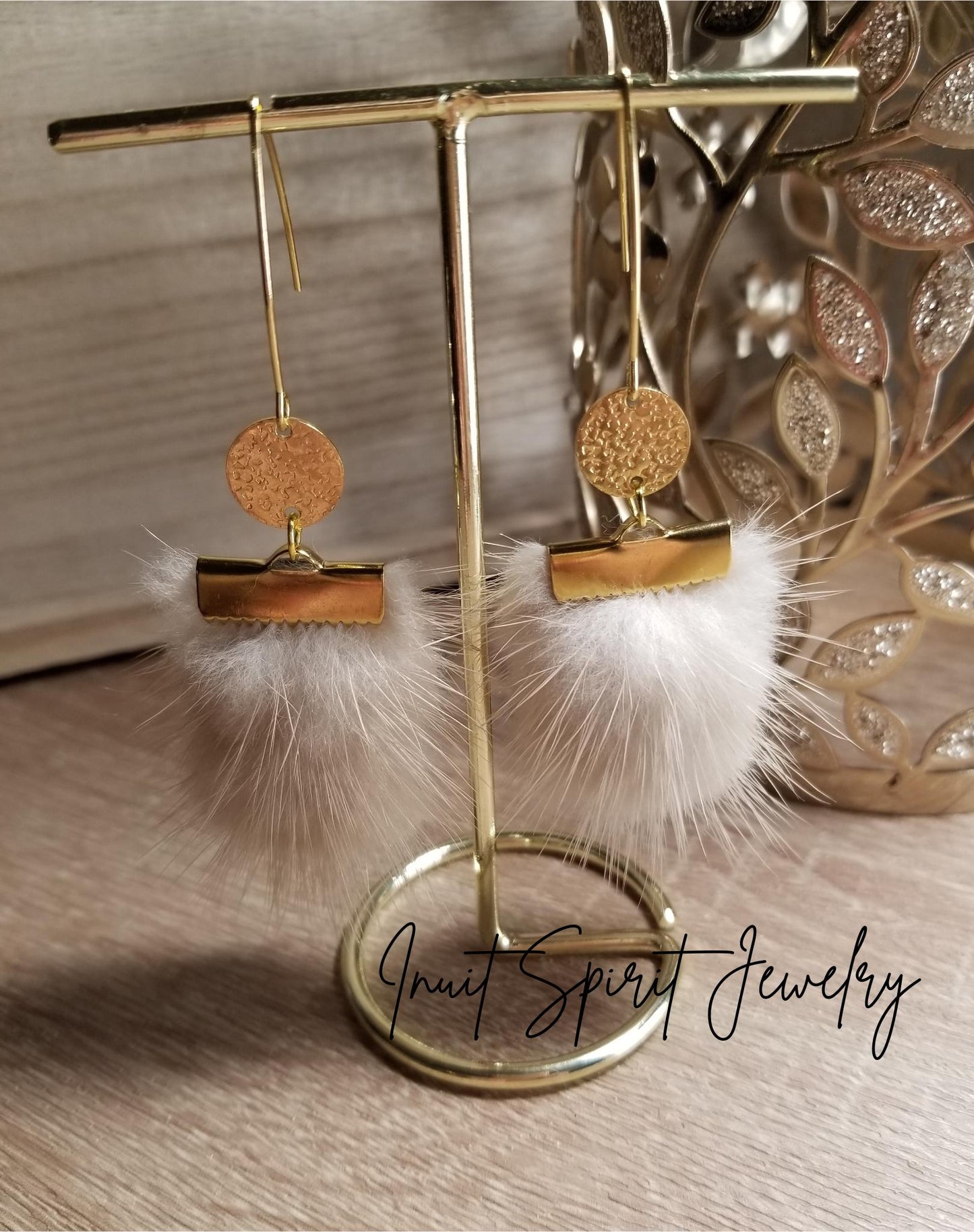 Inuit Spirit Brass/ Stainless Steel Genuine Mink Fur Geometric Minimalist Earrings ©, Indigenous Hypo-Allergenic Native Fur Earrings