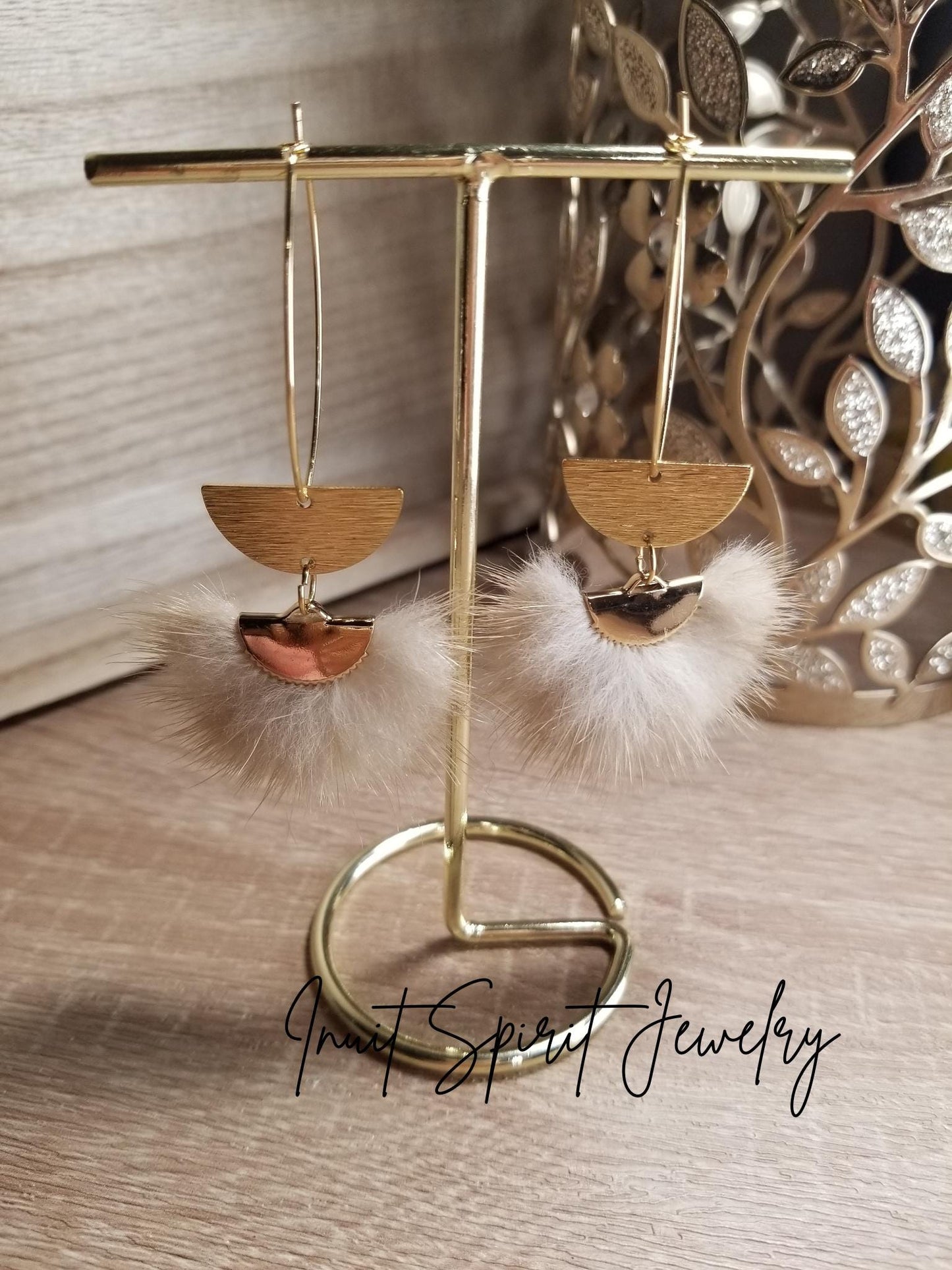 Inuit Spirit Brass/ Stainless Steel Mink Fur Fan-Shaped Geometric Ulu Concept Earrings with Half Circle Embellishment ©, Native Fur Earrings