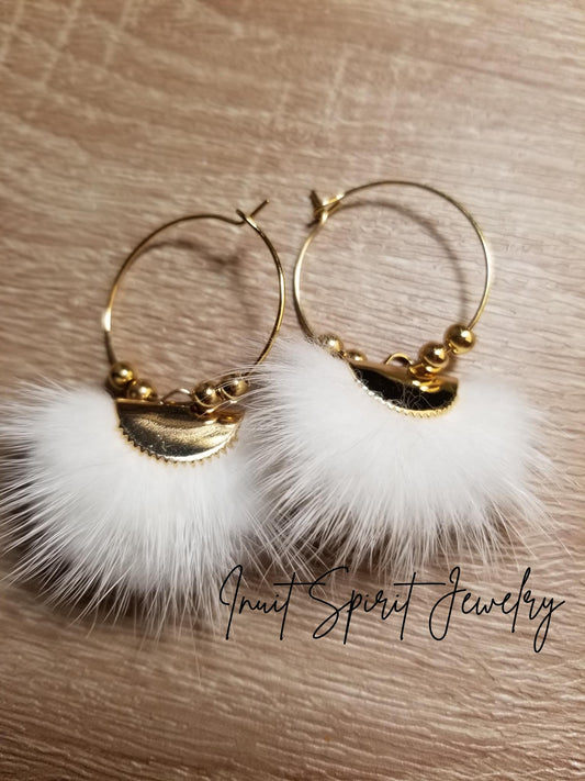Inuit Spirit Brass/ Stainless Steel Mink Fur Fan-Shaped Geometric Ulu Concept Earrings on Round Hoops with Gold Beads ©, Native Fur Earrings