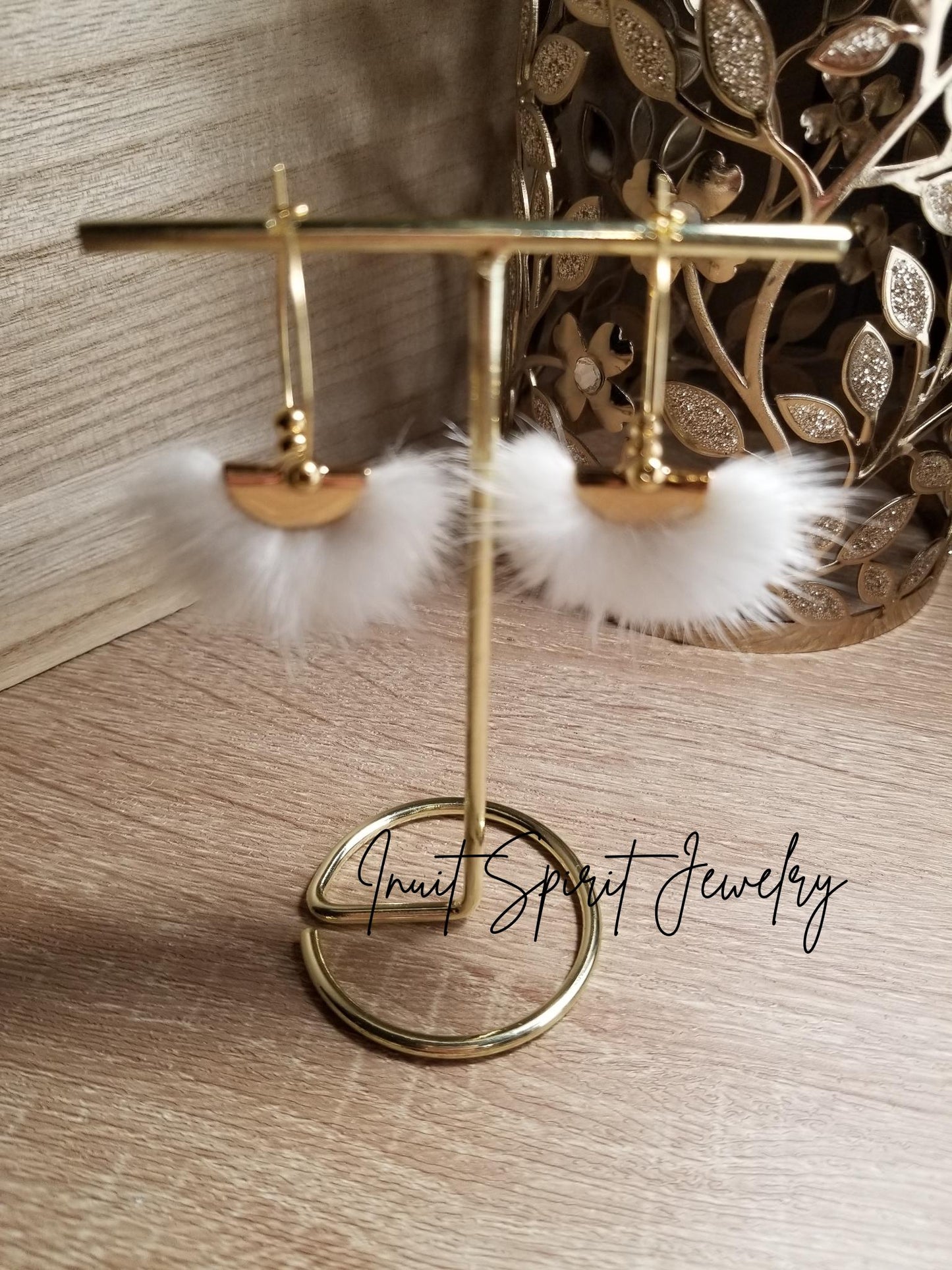 Inuit Spirit Brass/ Stainless Steel Mink Fur Fan-Shaped Geometric Ulu Concept Earrings on Round Hoops with Gold Beads ©, Native Fur Earrings