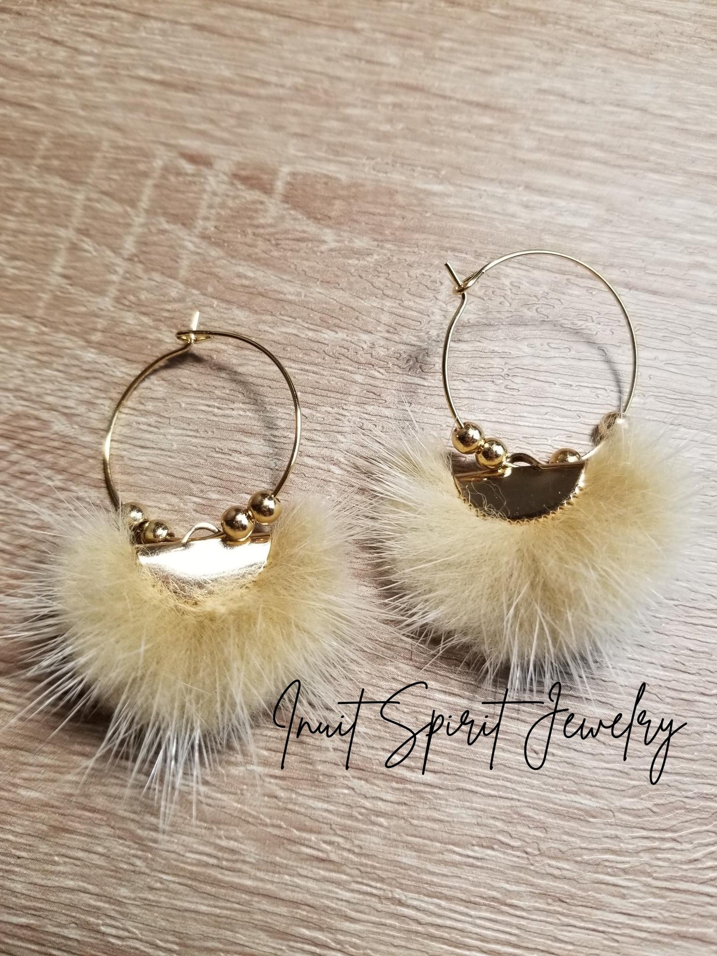 Inuit Spirit Brass/ Stainless Steel Mink Fur Fan-Shaped Geometric Ulu Concept Earrings on Round Hoops with Gold Beads ©, Native Fur Earrings