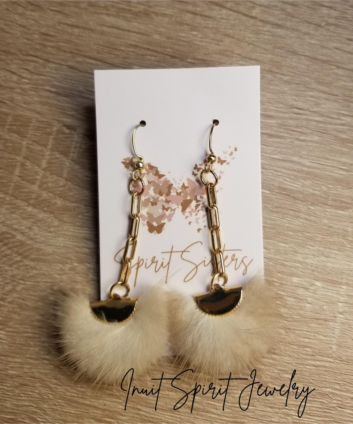 Inuit Spirit Brass/ Stainless Steel Mink Fur Fan-Shaped Geometric Ulu Concept Earrings on Hooks and Paper Clip Chains ©, Native Fur Earrings