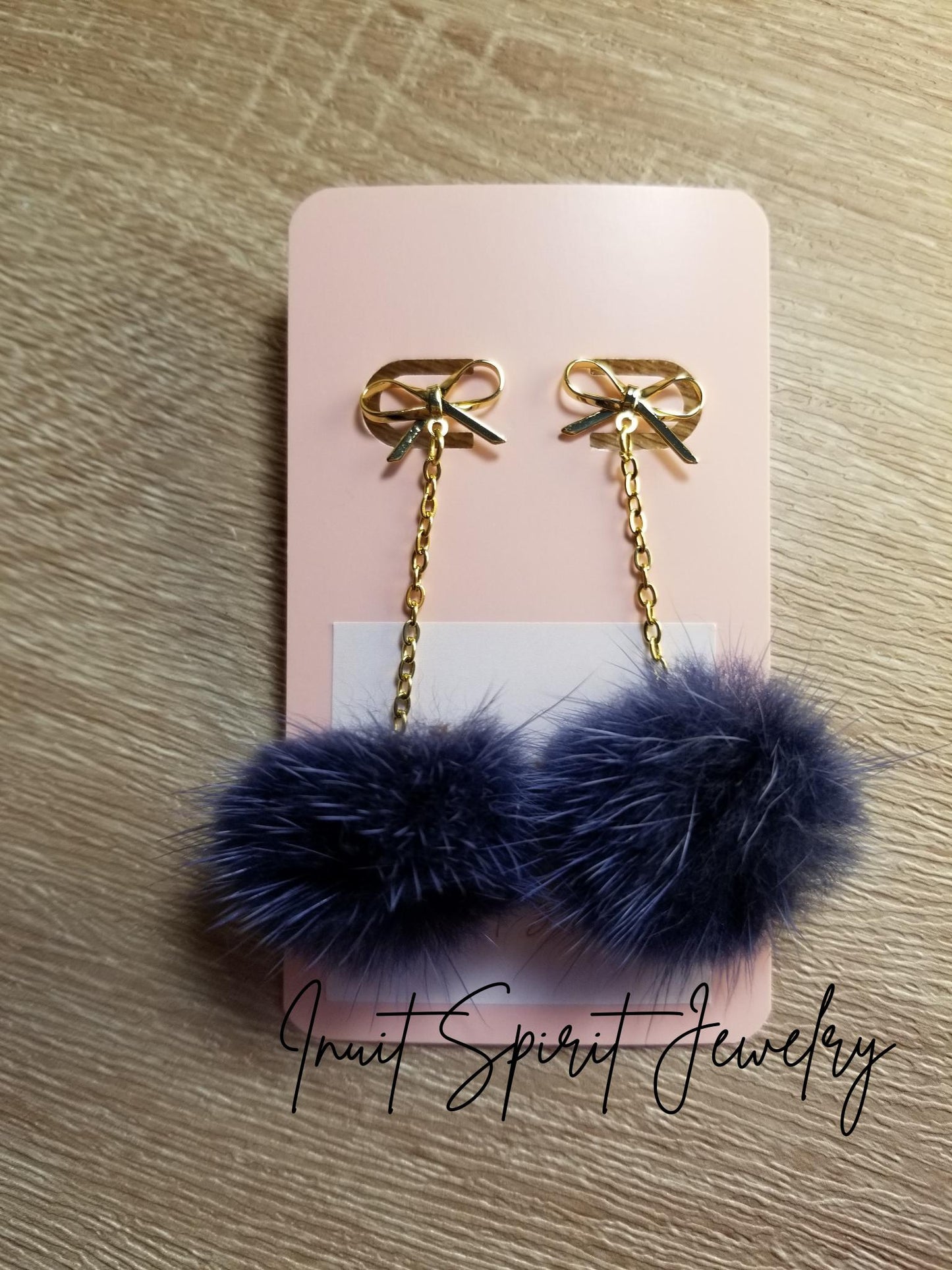 Inuit Spirit Brass/ Stainless Steel Genuine Mink Pom Pom Stud Minimalist Earrings ©, Indigenous Hypo-Allergenic Native Fur Earrings