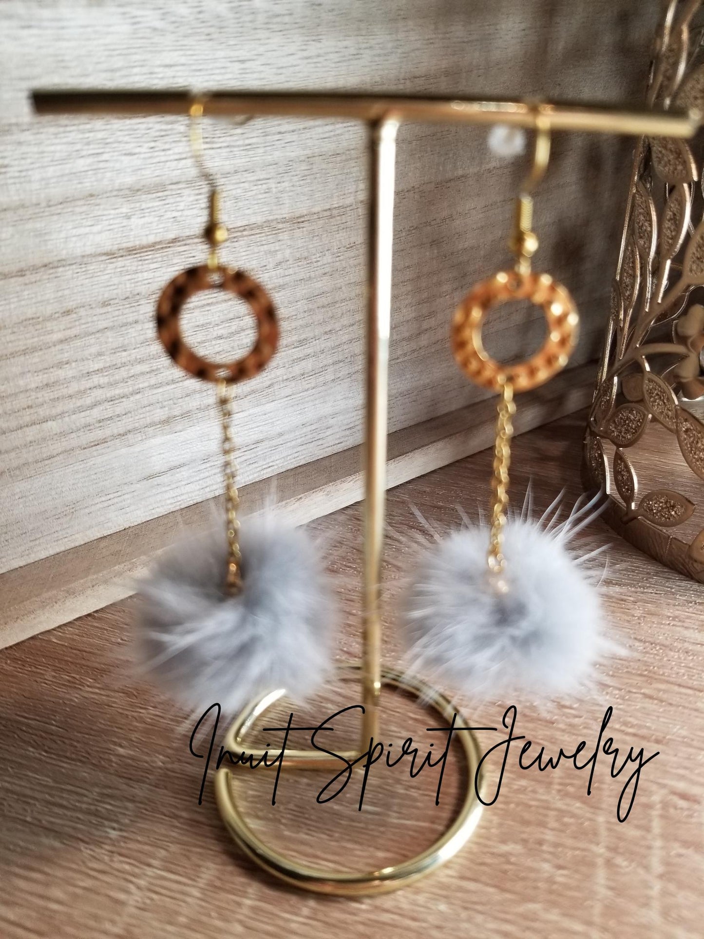 Inuit Spirit Brass/ Stainless Steel Genuine Mink Fur Geometric Minimalist Drop Earrings ©, Indigenous Hypo-Allergenic Native Fur Earrings