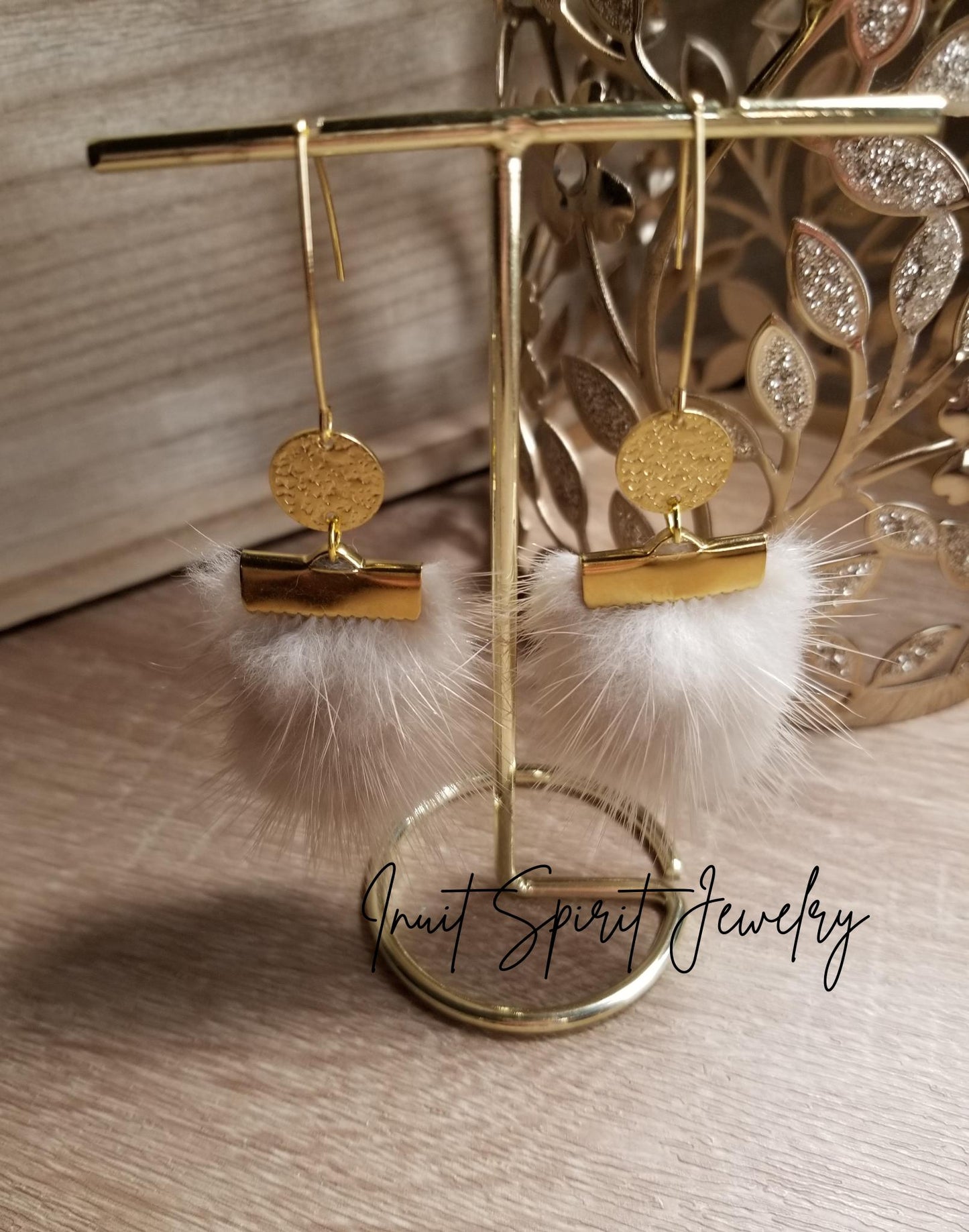 Inuit Spirit Brass/ Stainless Steel Genuine Mink Fur Geometric Minimalist Earrings ©, Indigenous Hypo-Allergenic Native Fur Earrings