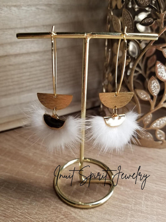 Inuit Spirit Brass/ Stainless Steel Mink Fur Fan-Shaped Geometric Ulu Concept Earrings with Half Circle Embellishment ©, Native Fur Earrings