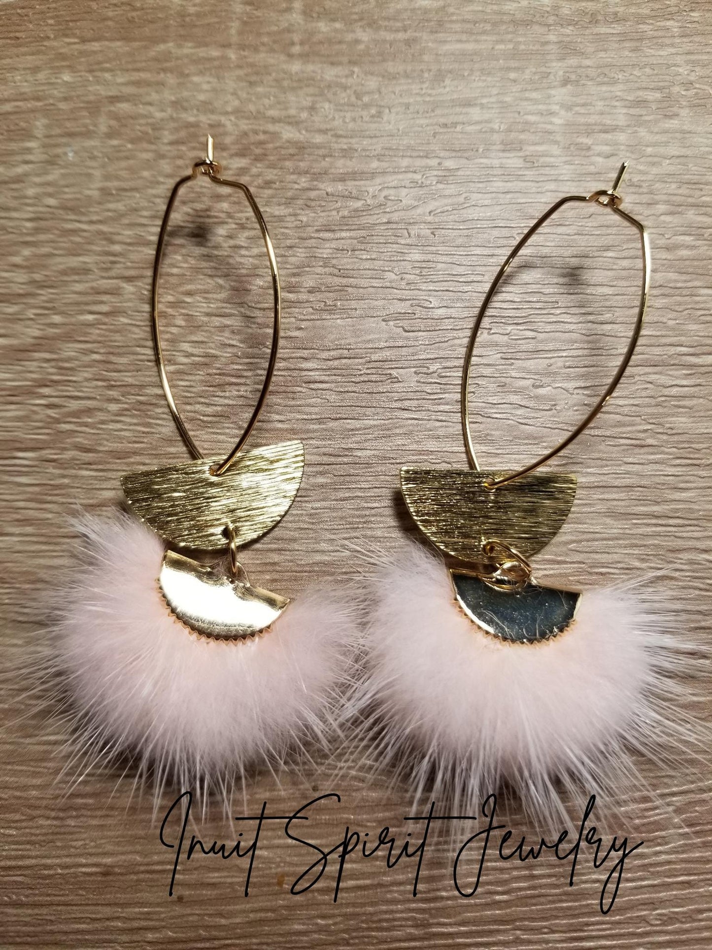 Inuit Spirit Brass/ Stainless Steel Mink Fur Fan-Shaped Geometric Ulu Concept Earrings with Half Circle Embellishment ©, Native Fur Earrings
