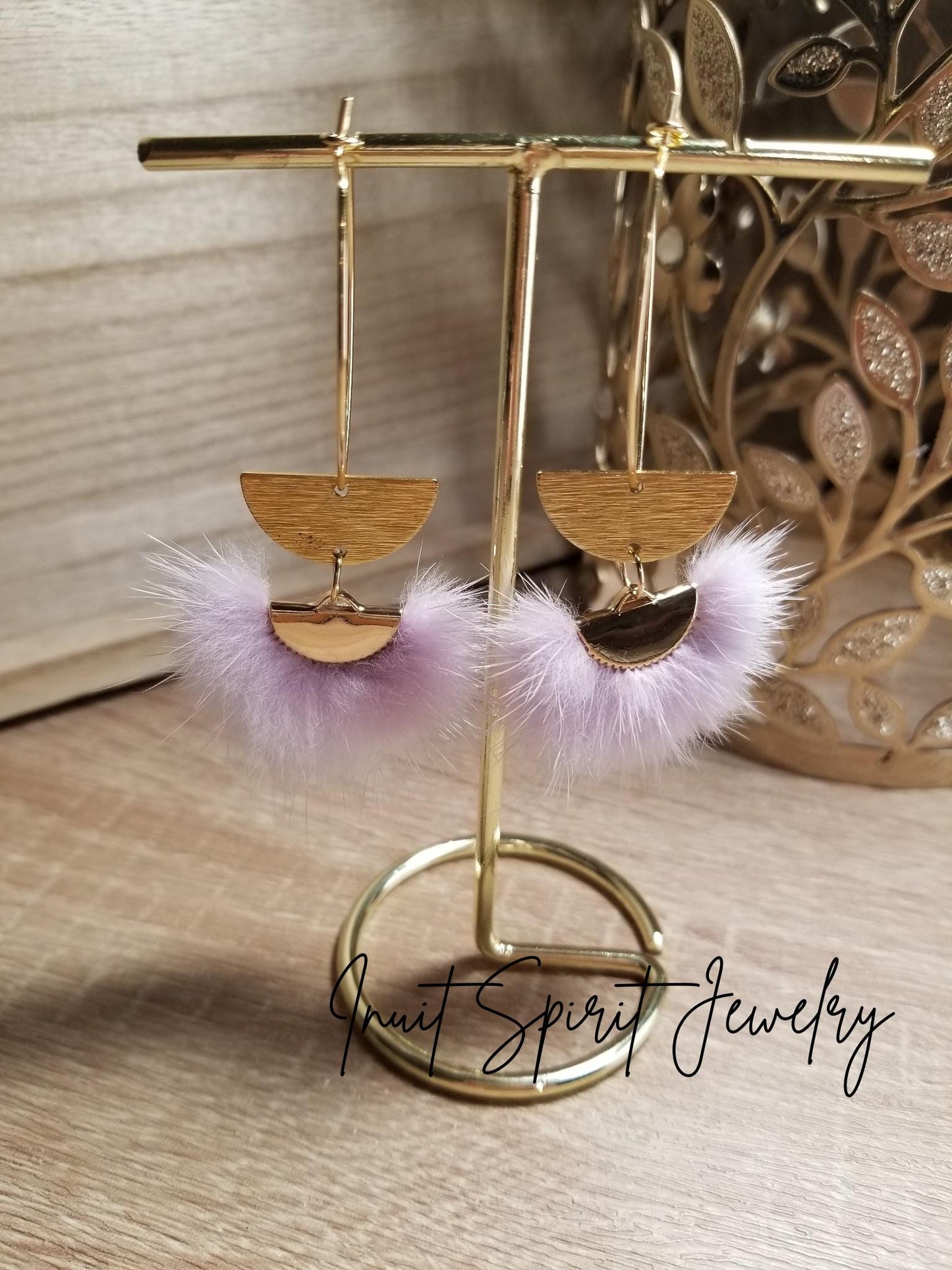 Inuit Spirit Brass/ Stainless Steel Mink Fur Fan-Shaped Geometric Ulu Concept Earrings with Half Circle Embellishment ©, Native Fur Earrings