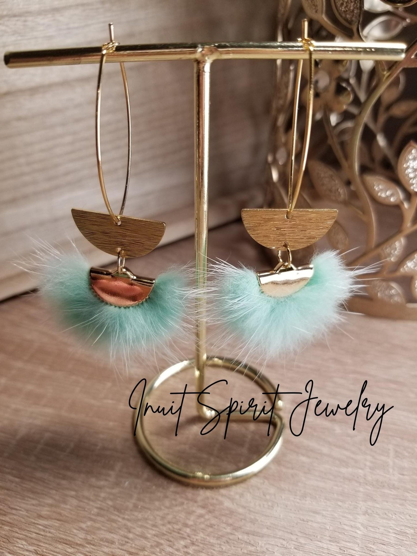 Inuit Spirit Brass/ Stainless Steel Mink Fur Fan-Shaped Geometric Ulu Concept Earrings with Half Circle Embellishment ©, Native Fur Earrings