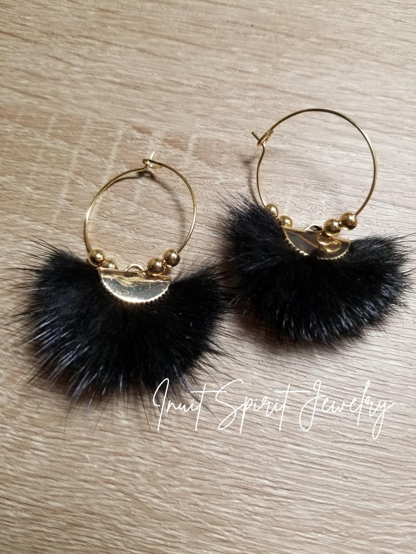 Inuit Spirit Brass/ Stainless Steel Mink Fur Fan-Shaped Geometric Ulu Concept Earrings on Round Hoops with Gold Beads ©, Native Fur Earrings